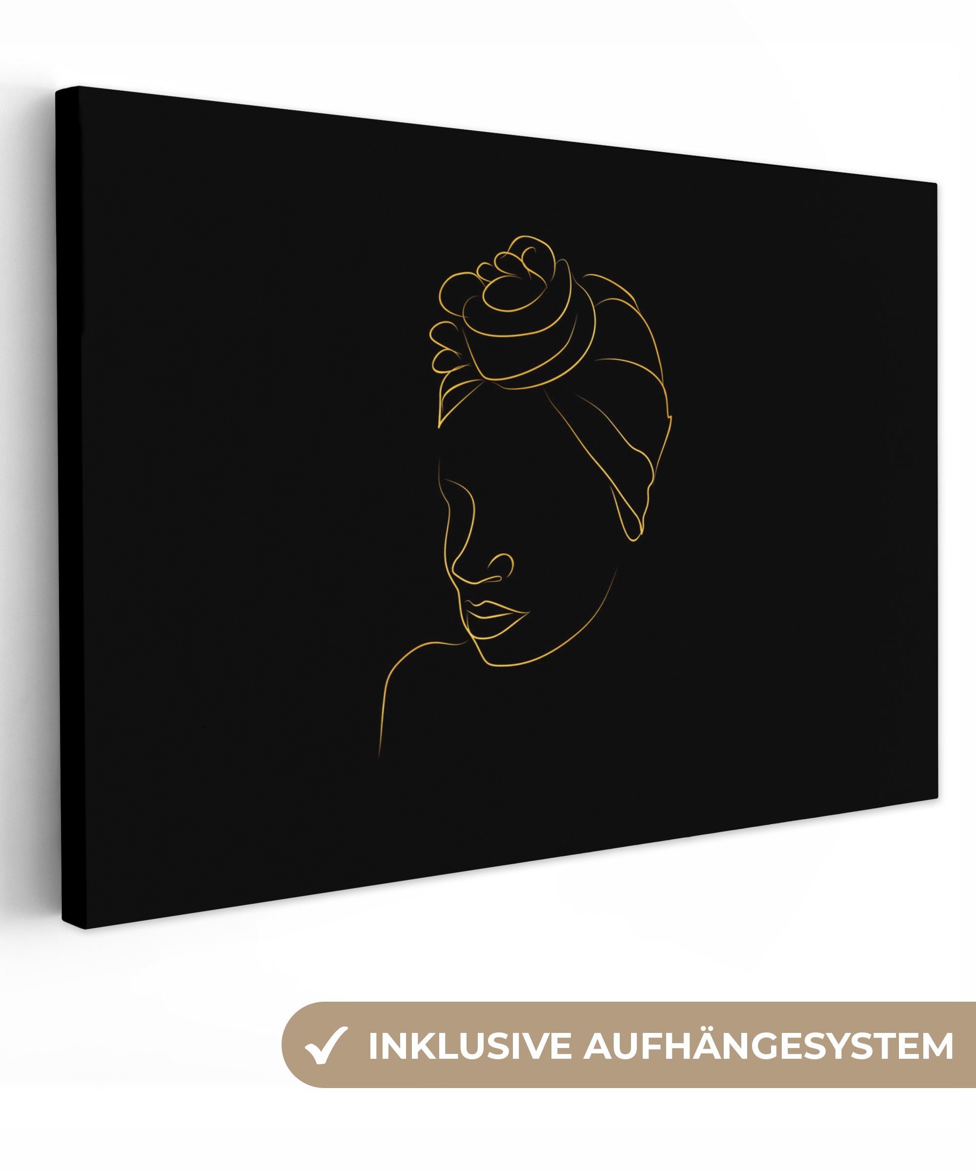 OneMillionCanvasses® Leinwandbild Frau - Kopftuch - Gold - Schwarz, (1 St), Wandbild Leinwandbilder, Aufhängefertig, Wanddeko, 30x20 cm