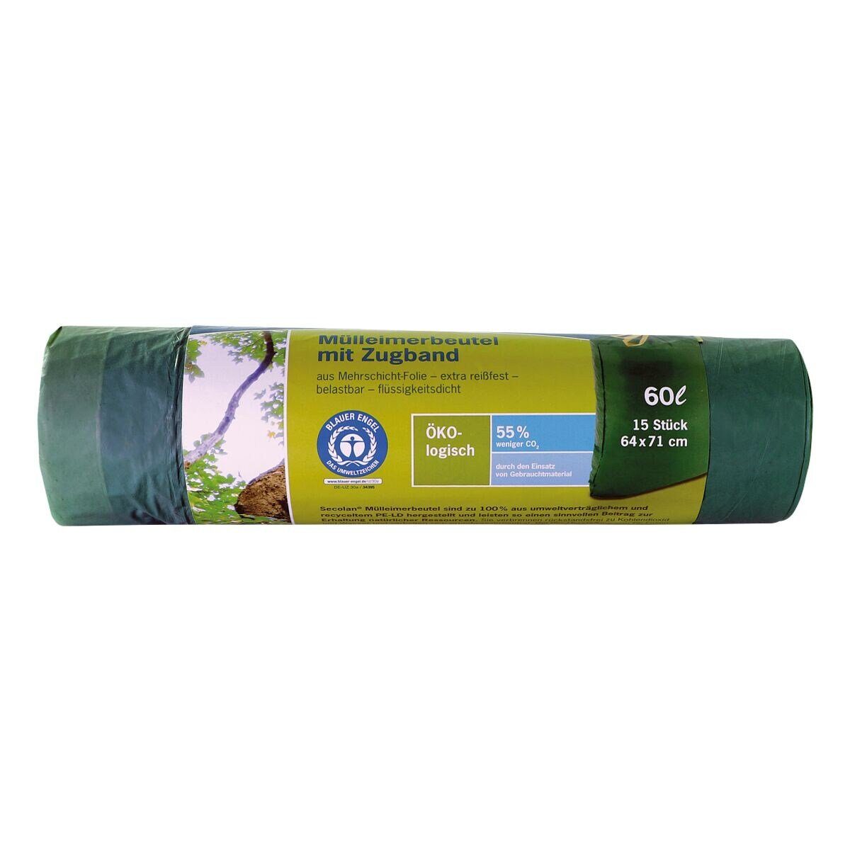 SECOLAN Мусорные урны, 15 Stück/Rolle, mit Zugband, 60 Liter, grün, 100% Recycling-Material