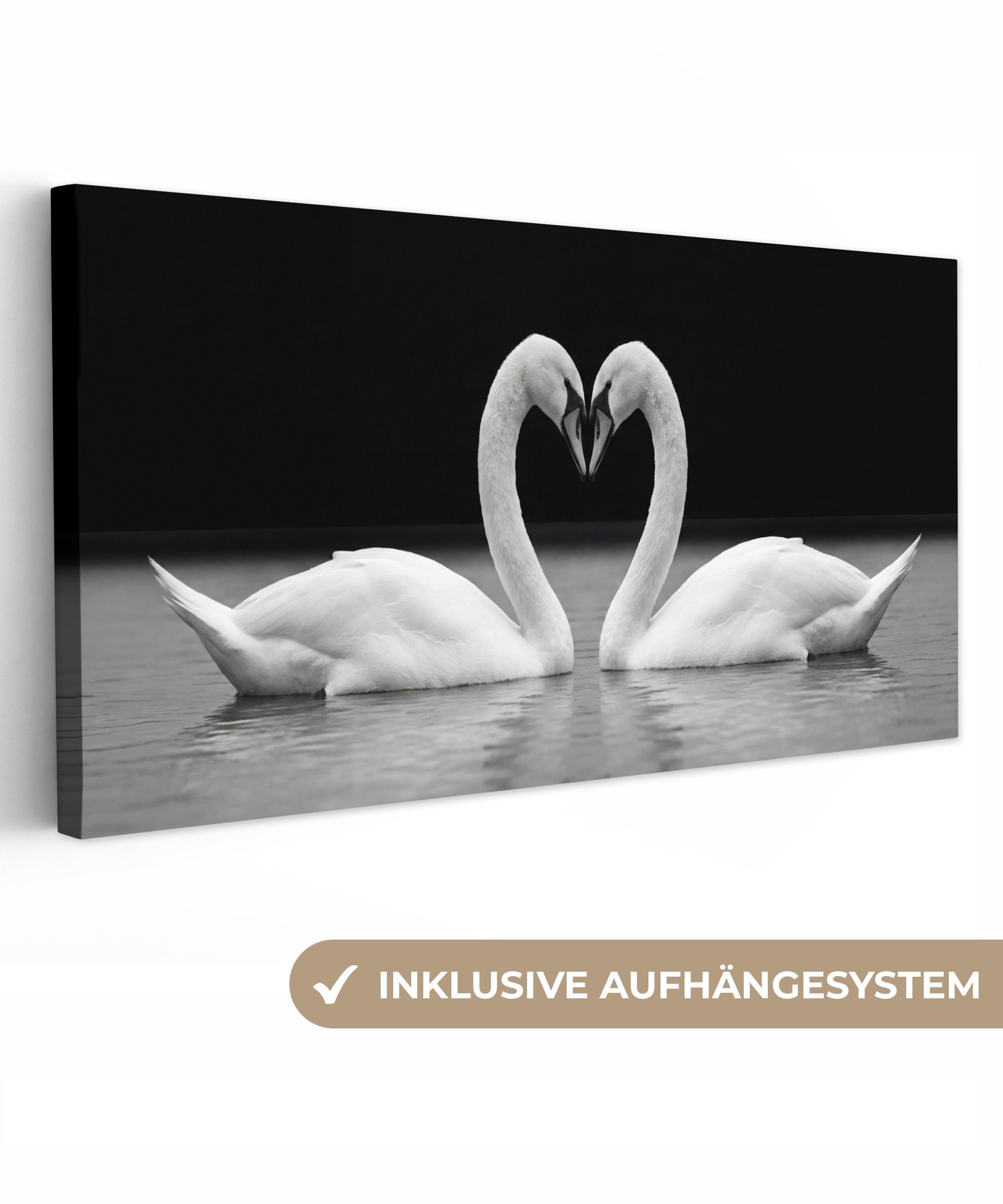 OneMillionCanvasses® Leinwandbild Panorama Schwäne - Herz - Schwarz - Weiß, Fotodruck (1 St), Wandbild, Deko Schlafzimmer Wohnzimmer Flur 40x20 cm