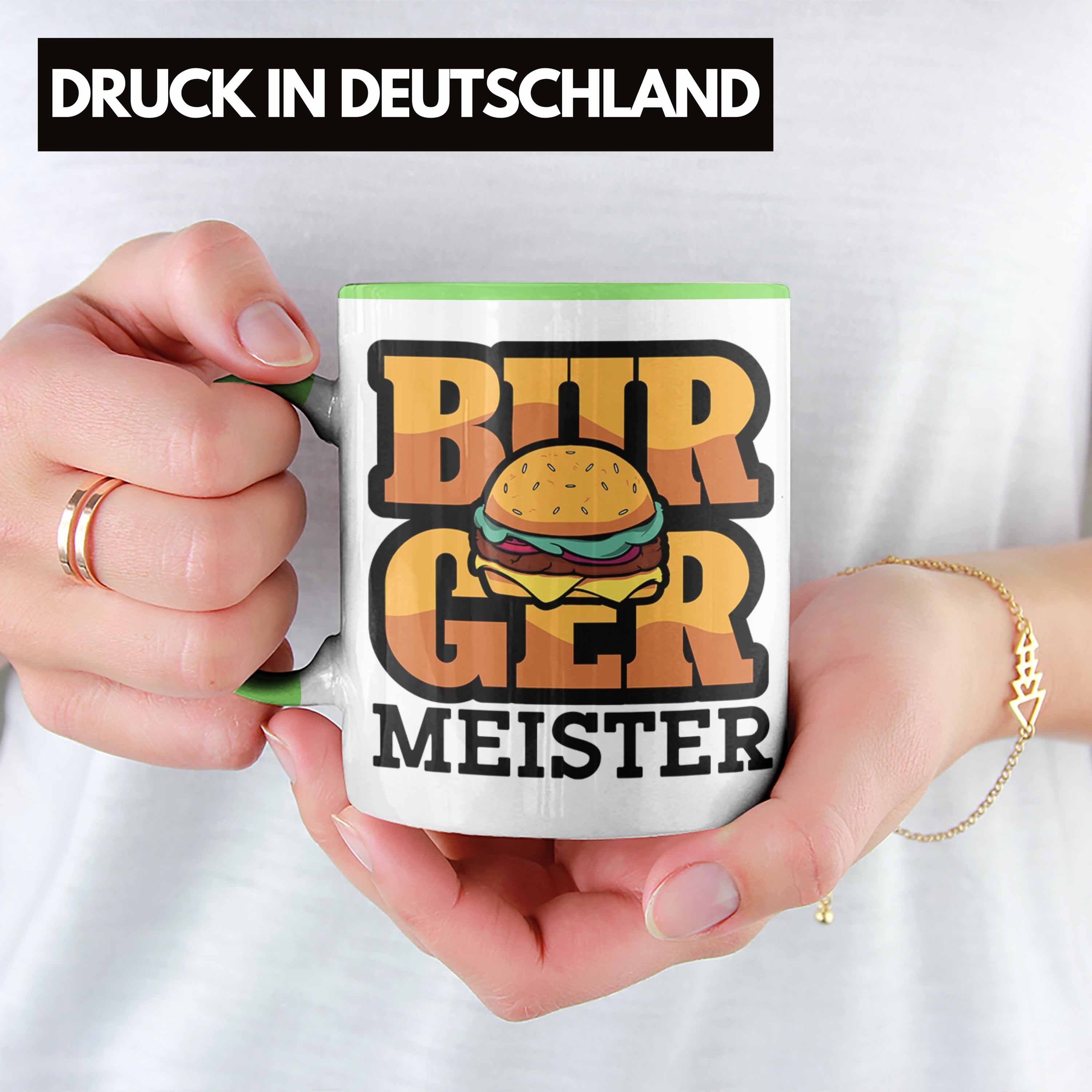 Trendation Tasse Burger Meister Tasse G Burger Grün Geschenk Spruch Grillen Liebhaber Sommer
