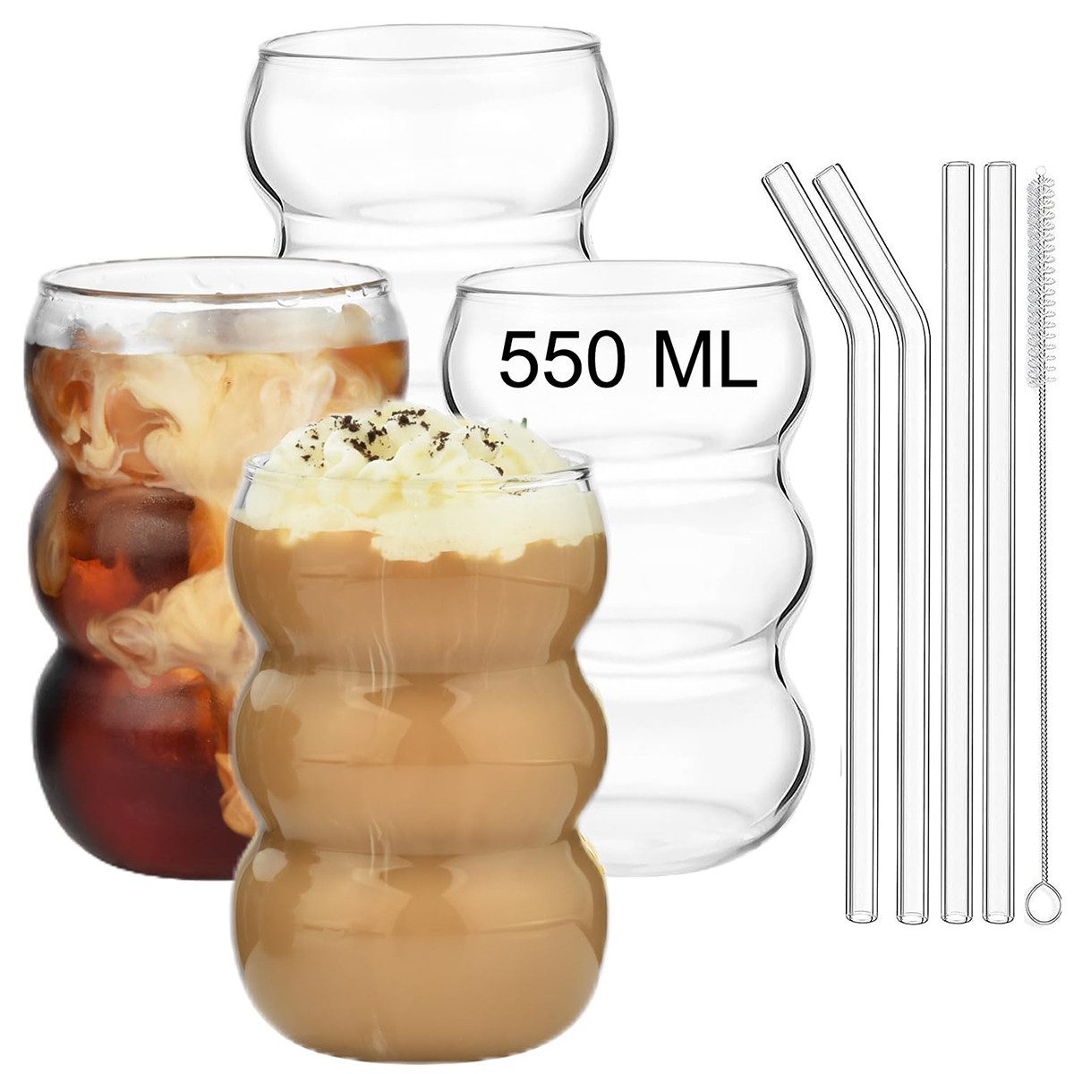 Welikera Gläser-Set 4er Set Bubble Gläs,550ml gerippte trinkgläser,Wellenförmige Form, 4-tlg., Mit Stroh,geeignet für Latte Macchiato,Eiskaffee,Cocktails