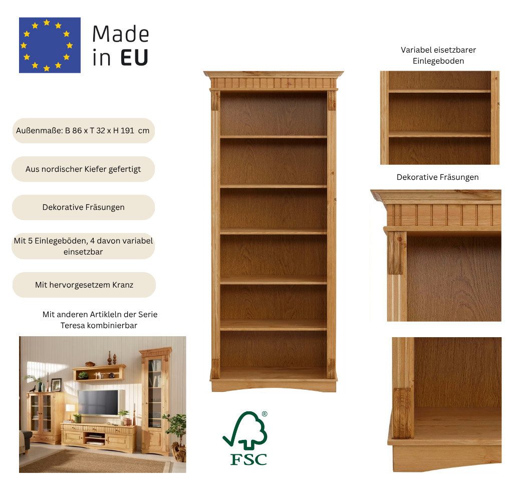 OTTO home Regal Teresa, Standregal, Bücherregal, aus massiver Kiefer, Breite 86 cm, Höhe 193 cm, FSC®