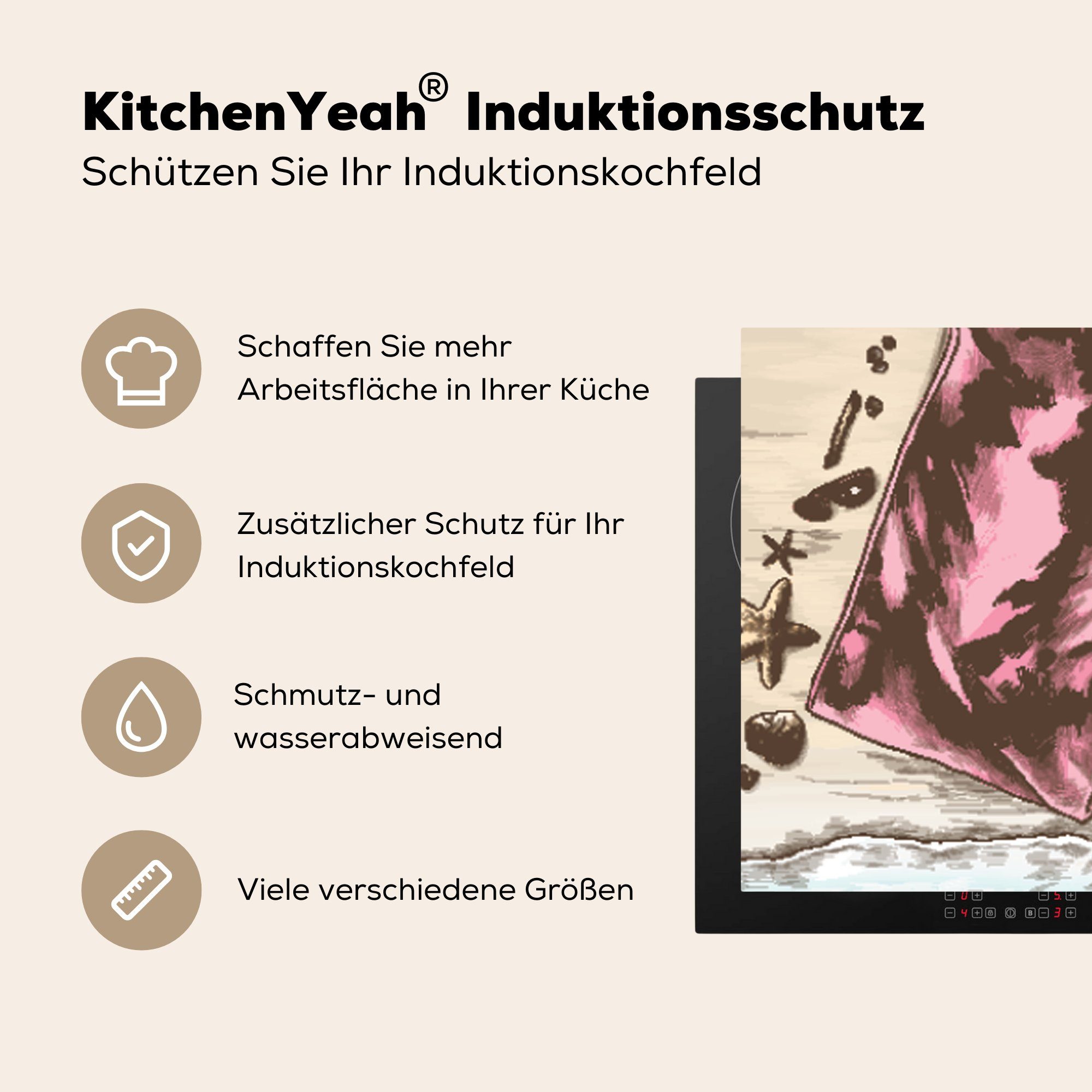 tlg), küche Herdblende-/Abdeckplatte Vinyl, für Strand - Ceranfeldabdeckung, (1 cm, Hausschuhe, - 78x78 Handtuch Arbeitsplatte MuchoWow