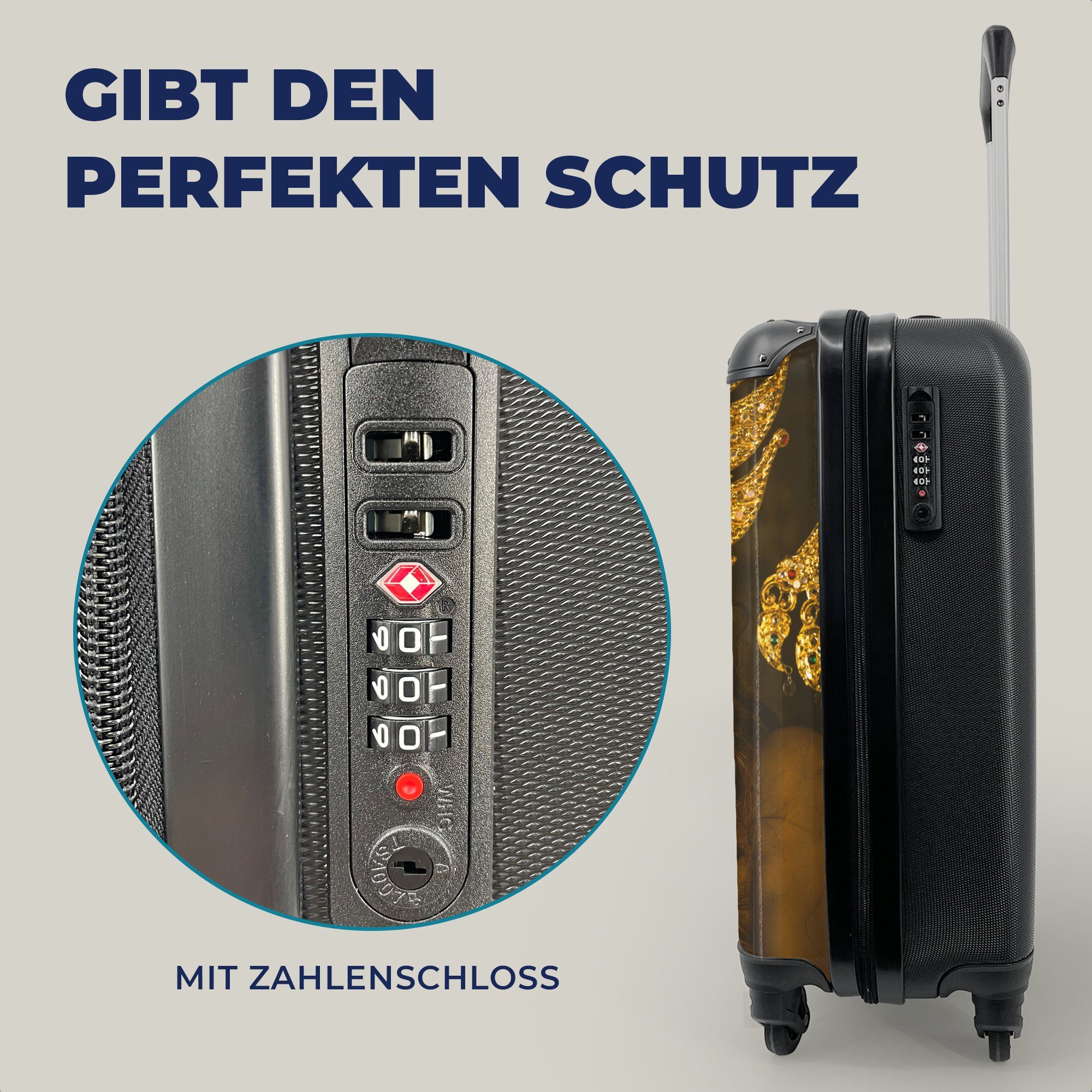 Reisetasche Handgepäck 4 - - Trolley, rollen, Frau Krone, Ferien, Handgepäckkoffer Gold Rollen, Reisekoffer mit MuchoWow für