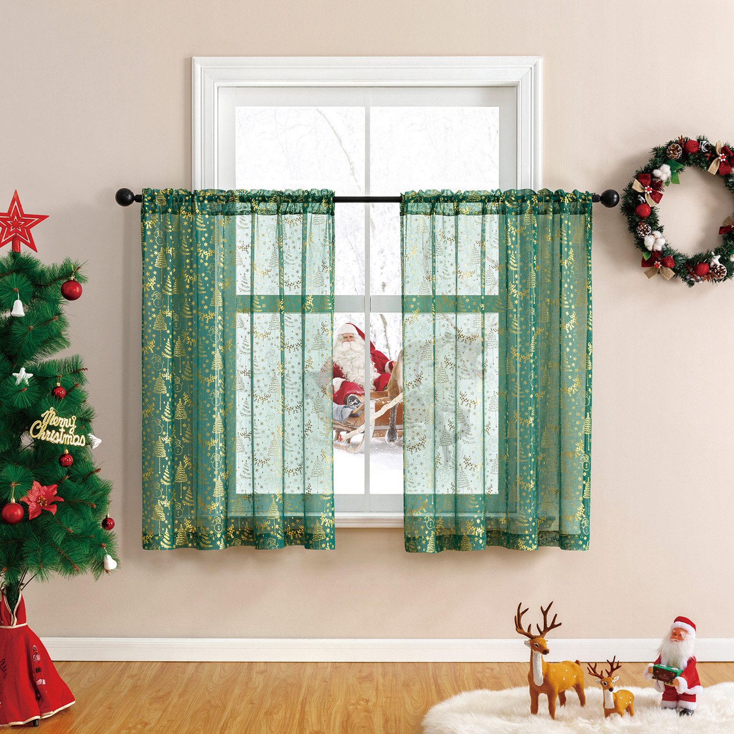 Jibenhome Gardine Kurzer Vorhang 2er-Set Weihnachtsvorhänge aus goldfarbener Folie, mit Stangentasche Gardinen für zu Hause,Partys,Hotels & Restaurants