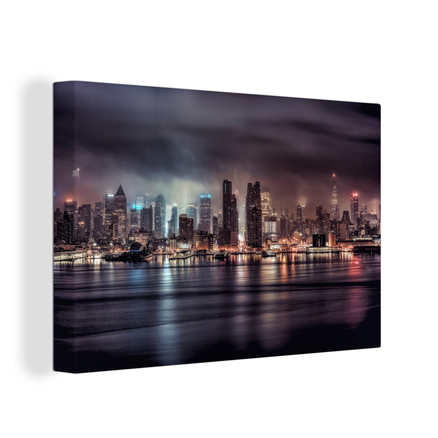 OneMillionCanvasses® Leinwandbild Die Skyline von New York bei Nacht, (1 St), Wandbild Leinwandbilder, Aufhängefertig, Wanddeko, 30x20 cm