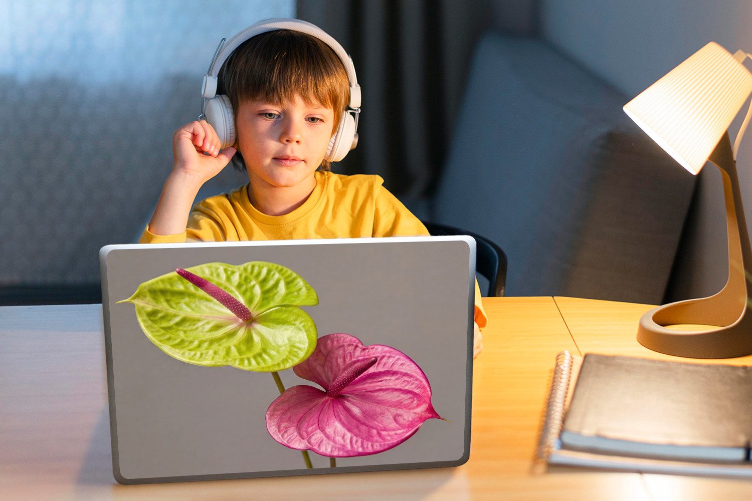 MuchoWow Laptop-Aufkleber Pflanzen - Anthurium - Grün - Rosa, (1tlg), Laptop Folien Cover, Aufkleber, Sticker, Schutz vor Kratzern, 25x18 cm