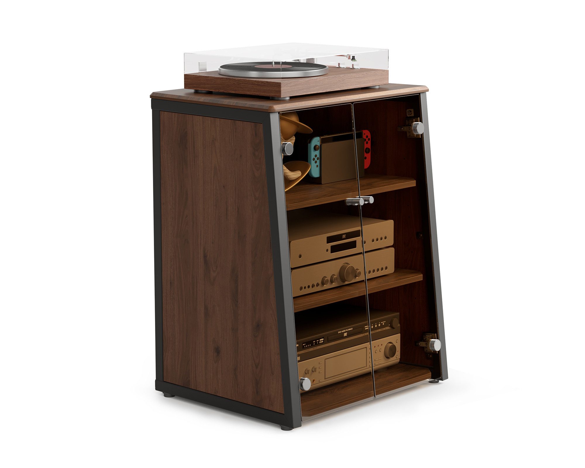 FITUEYES TV-Regal HIFI-Rack mit verstellbaren Einlegeböden, Glastüren, mit belüfteter Metall-Rückwand