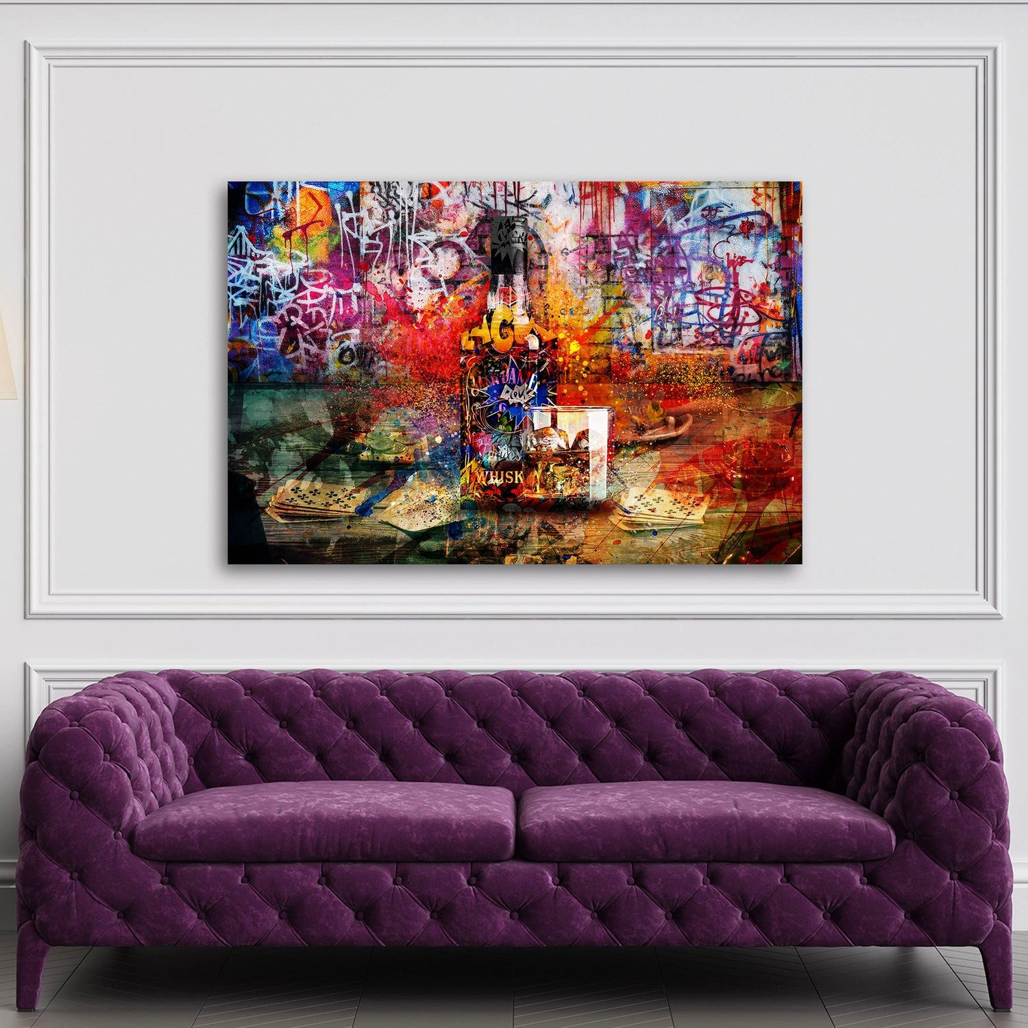 Artedinoi Leinwandbild Graffiti Pop Art Whisky und Poker Wandbild Leinwandbild Kunstdruck XL