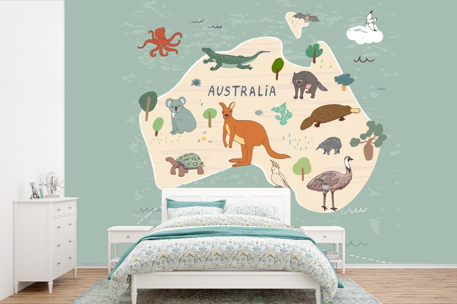 MuchoWow Fototapete Tiere - Australien - Weltkarte - Kinder - Blau - Kinder, Matt, bedruckt, (6 St), Wallpaper für Wohnzimmer, Schlafzimmer, Kinderzimmer, Vinyl Tapete