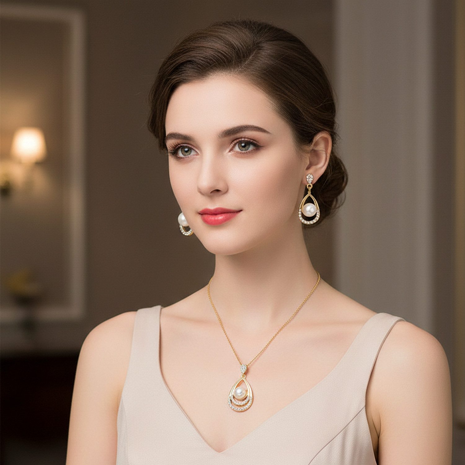 KARMA Schmuckset Gold Perle Damen Halskette 48  cm Ohrringe (Perlenkette Perlenohrringe, 3-tlg., Kette Geschenk für Sie), eleganter Schmuck Damenschmuckset