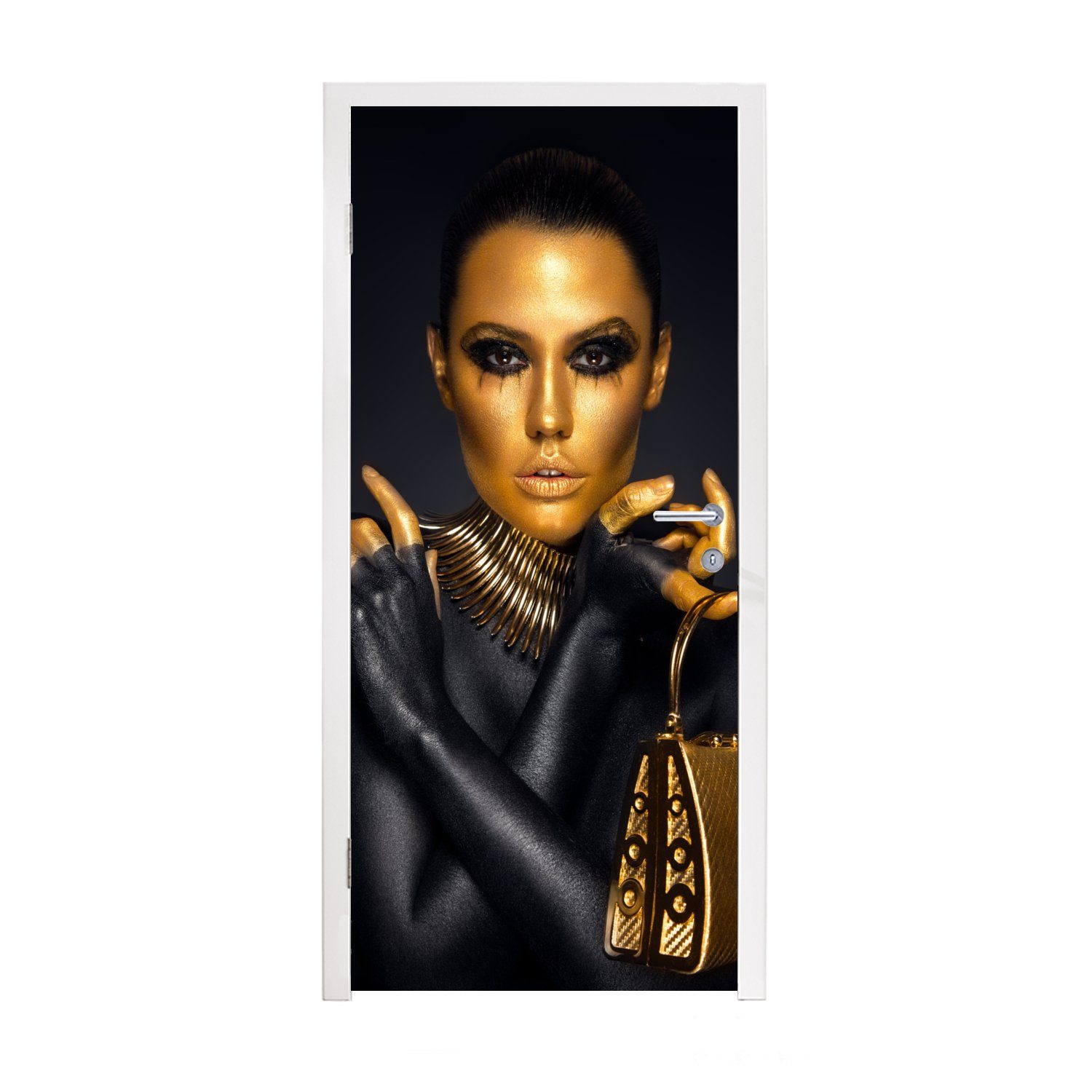 MuchoWow Türtapete Make-up - Tasche - Gold - Luxus - Frau, Matt, bedruckt, (1 St), Fototapete für Tür, Türaufkleber, 75x205 cm
