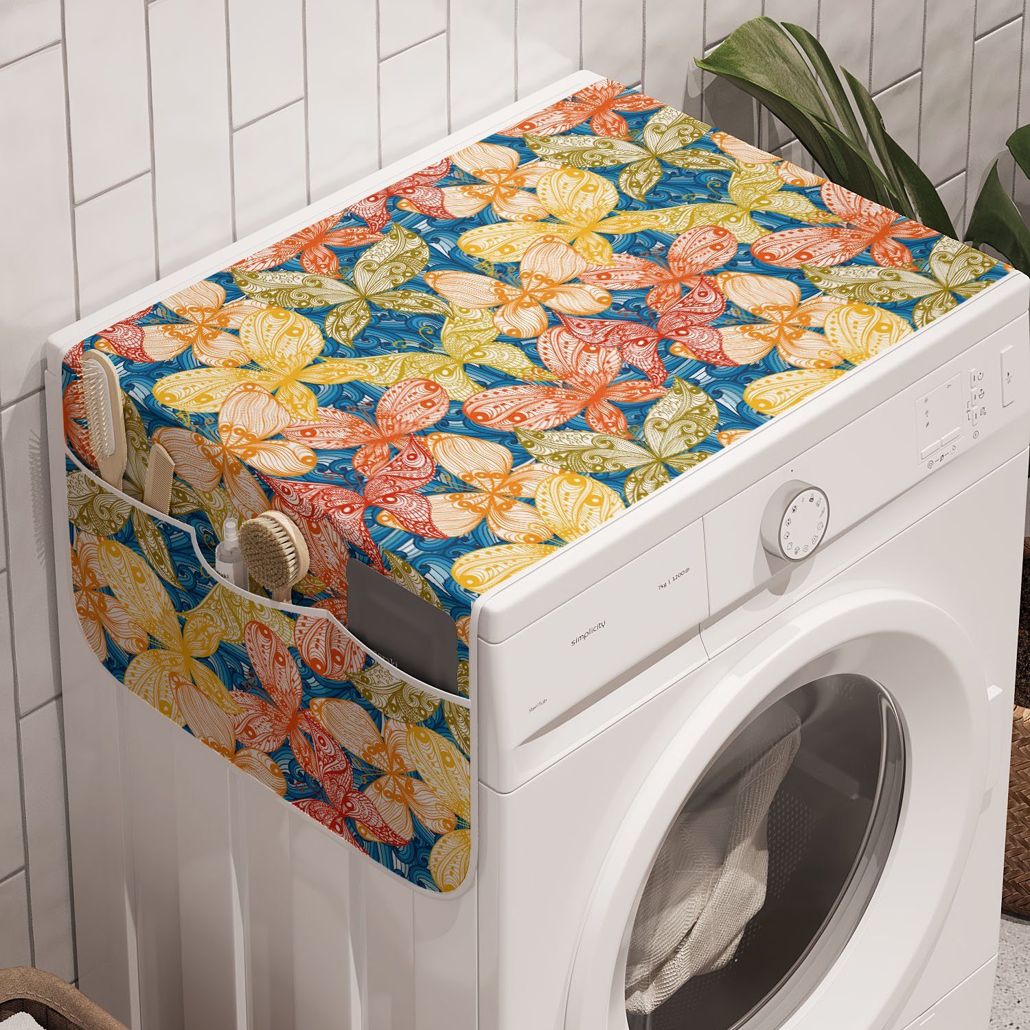 Abakuhaus Badorganizer Anti-Rutsch-Stoffabdeckung für Waschmaschine und Trockner, Herbstlaub Schmetterlinge und Blumen