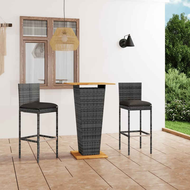 vidaXL Gartenlounge-Set 3-tlg. Gartenbar-Set mit Kissen Poly Rattan Grau, (3-tlg)