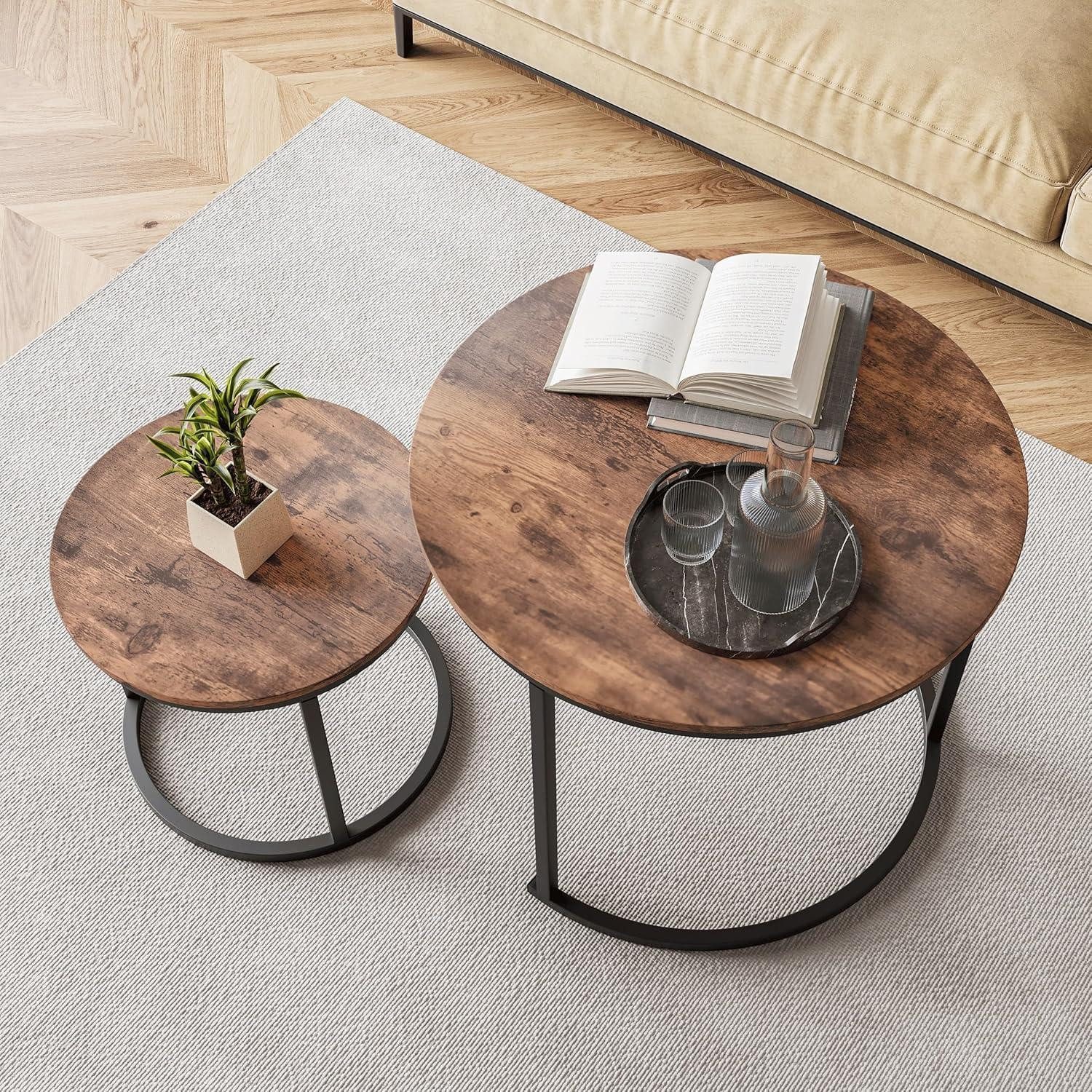 LuxusKollektion Satztisch Couchtisch rund 2er Set Metallrahmen Holz schwarz stapelbar Braun (1-St)
