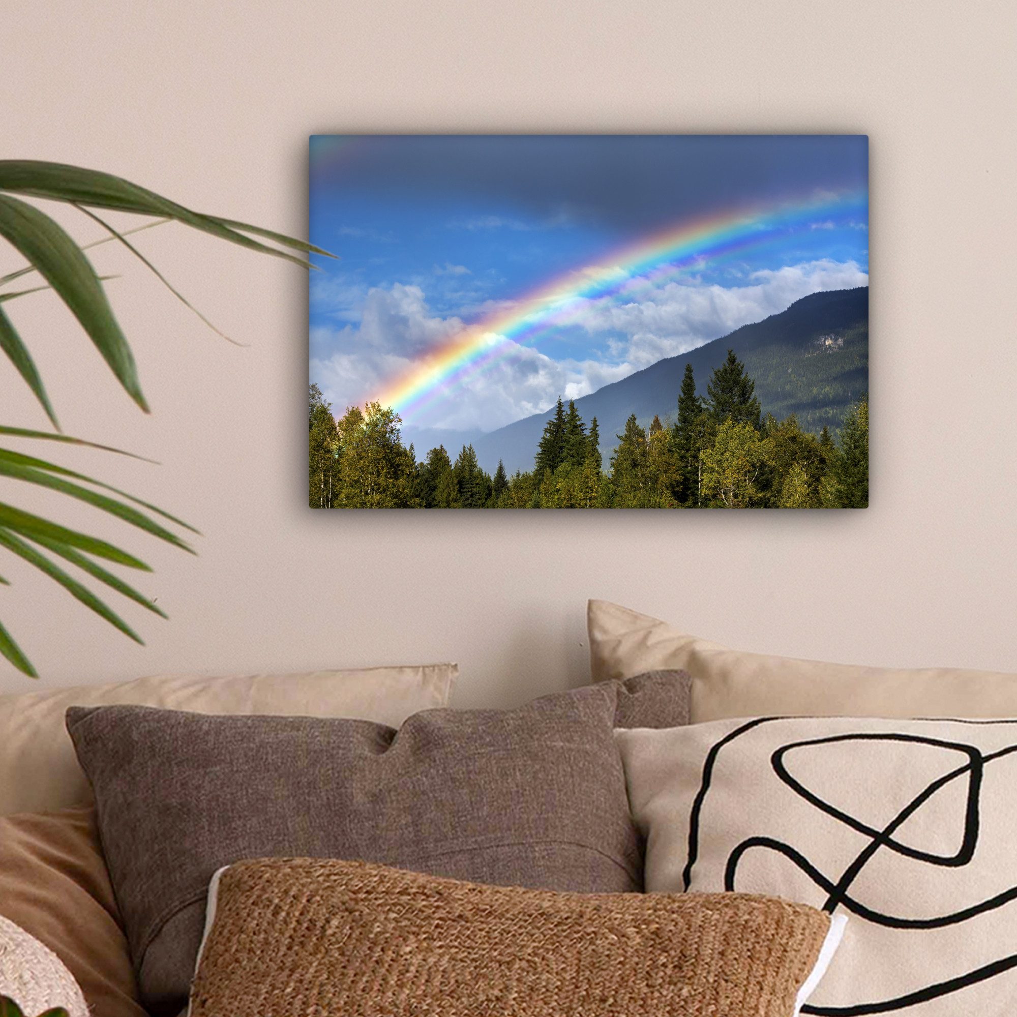 OneMillionCanvasses® Leinwandbild Ein klarer Regenbogen über den Bergen, Fotodruck (1 St), Leinwand Bilder Klein, Wand Dekoration Aesthetic 30x20 cm