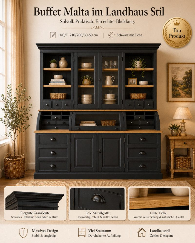 Wohnpalast Buffet Landhaus Buffet Schrank Malta Ladenschrank schwarz mit Eiche 200 cm