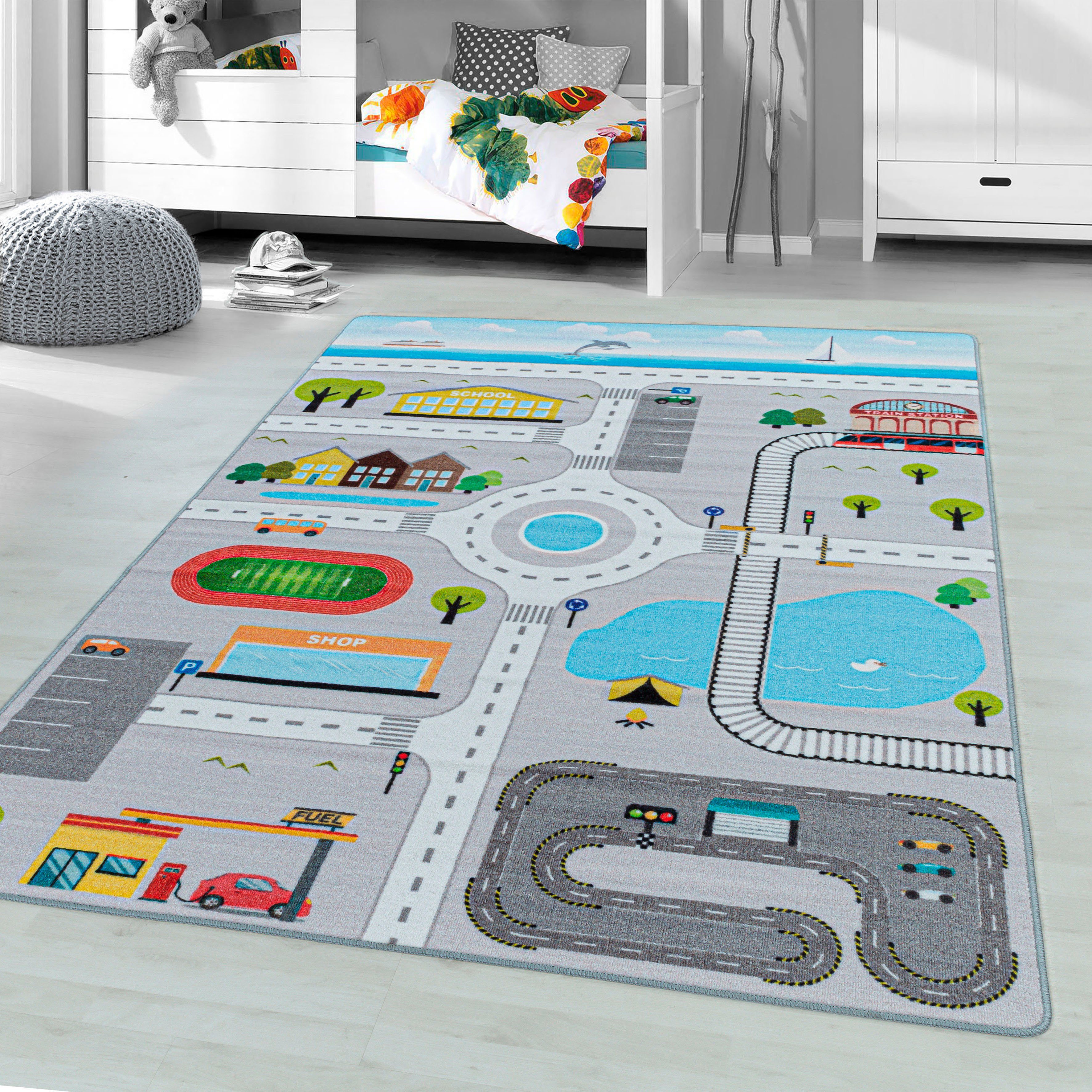 Ayyildiz Teppiche Kinderteppich PLAY 2902, rechteckig, Höhe: 6 mm, robuster Kurflor, Straßen Spiel Teppich, Kinderzimmer