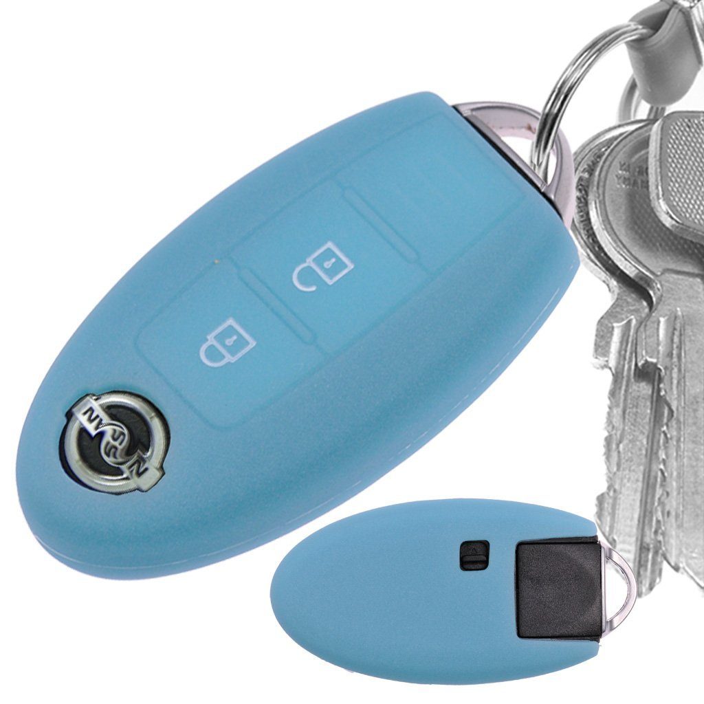 mt-key Schlüsseltasche Autoschlüssel Softcase Silikon Schutzhülle fluoreszierend Blau, für Nissan Juke Micra Note Qashqai Pulsar X-Trail Leaf 3 Knopf KEYLESS