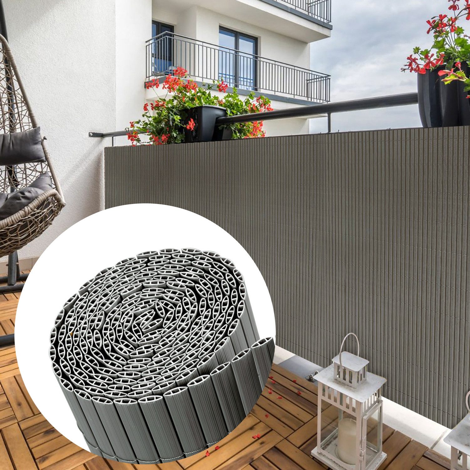 Sekey Balkonsichtschutz PVC Sichtschutzmatte Grau Bambus Sichtschutz Balkon ohne Bohren Zaun Sichtschutz, Windschutz, Sonnenschutz für Balkon, Garten, Terrasse