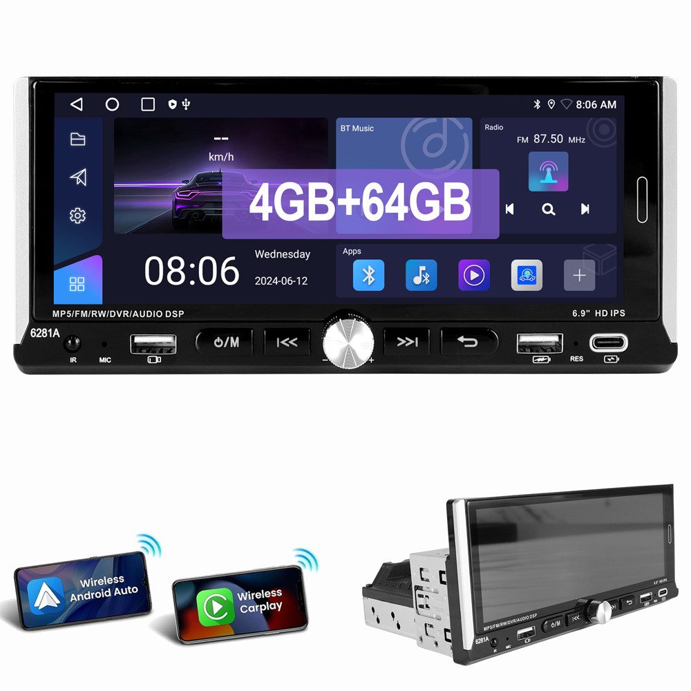 ESSGOO 4GB+64GB Single 1DIN Android 14 Apple Carplay Android Auto GPS WiFi Autoradio (Digitalradio (DAB), FM, AM, Touchscreen Mirror Link)