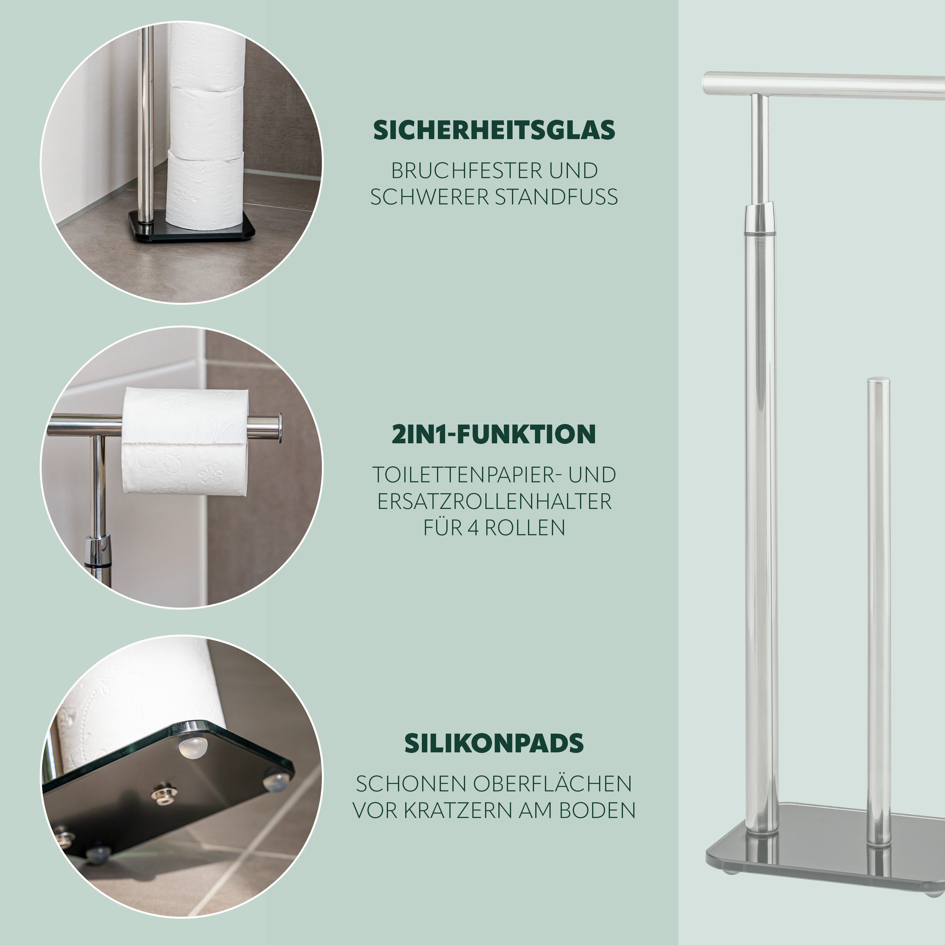bremermann Toilettenpapierhalter Stand-WC-Rollenhalter 2in1, Ersatzrollenhalter, Edelstahl Glassockel