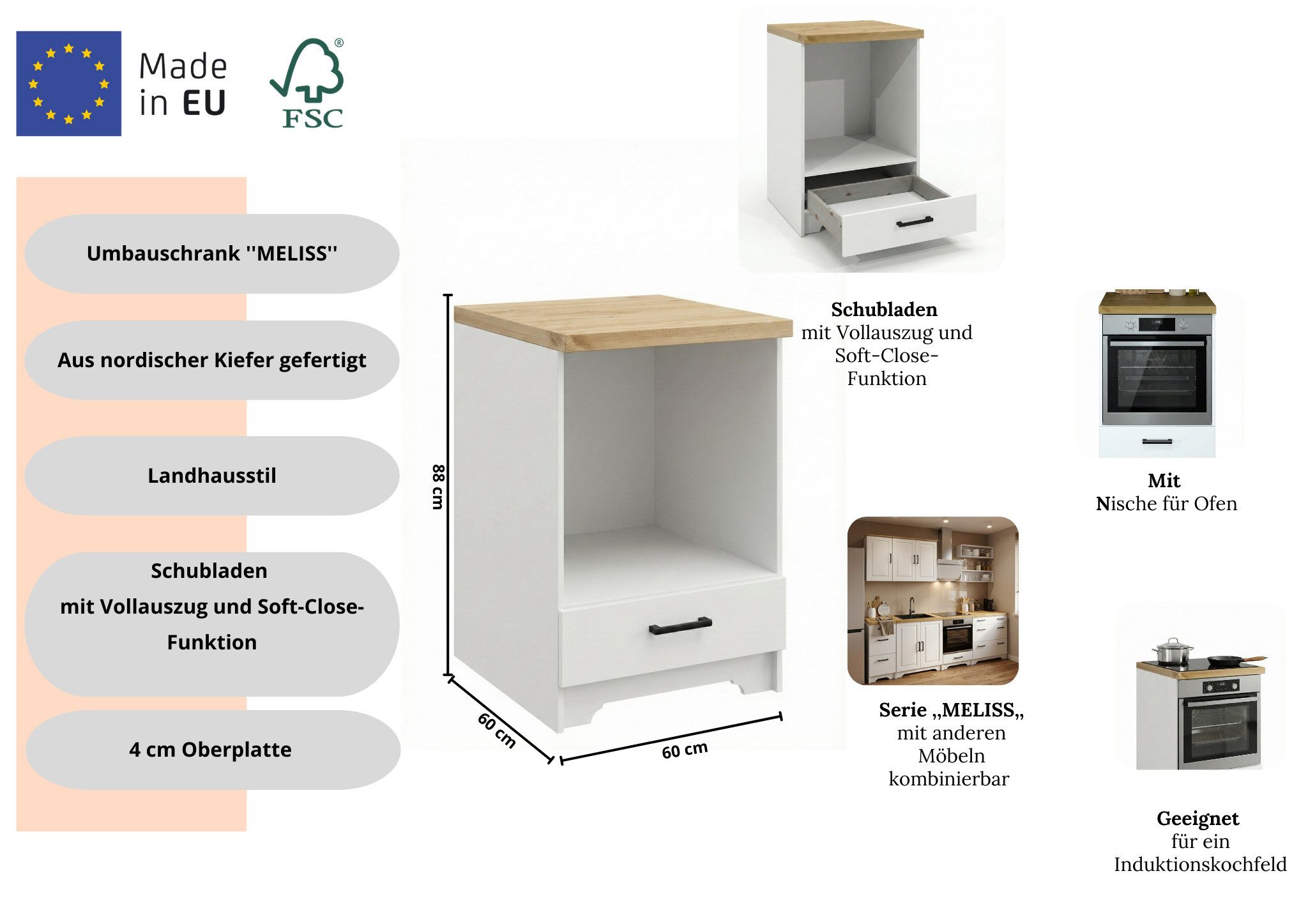Home affaire Herdumbauschrank Meliss aus massiver Kiefer, Breite 60 cm, Soft-Close-Funktion