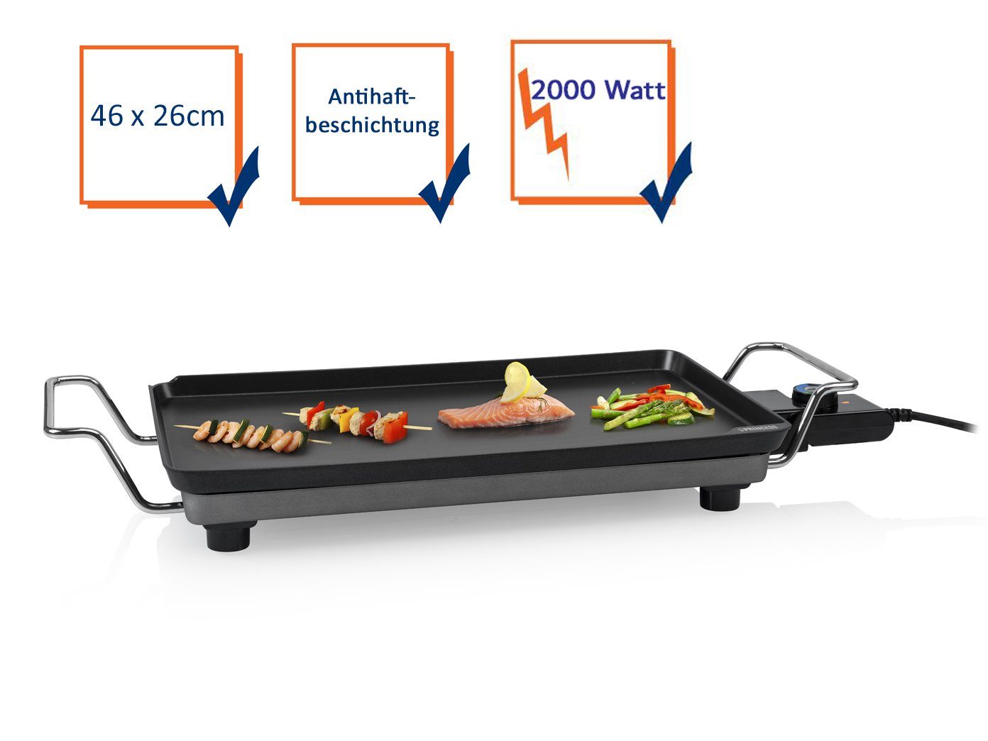 PRINCESS Teppanyakigrill, 2000 W, Japanischer Tischgrill für Zuhause 2-4 Personen Grillplatte 46x26cm