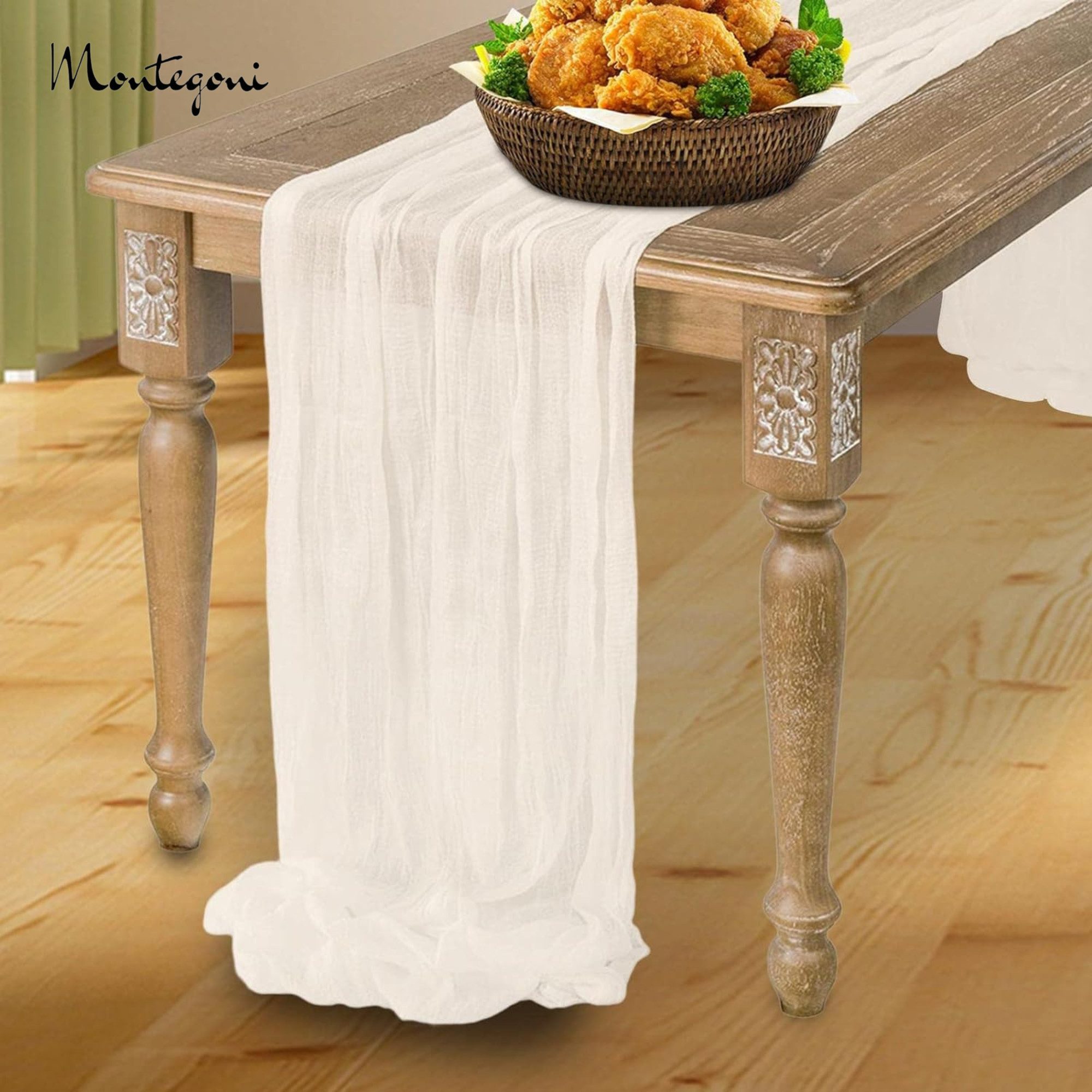 Montegoni Tischläufer 90x180 cm Seihtuch Tischläufer lang Boho (Rustikaler Gazeantischer Stoff Tischdecke 2-tlg, Tischläufer Boho für Hochzeit und Geburtstag De – Bild 3 von 3