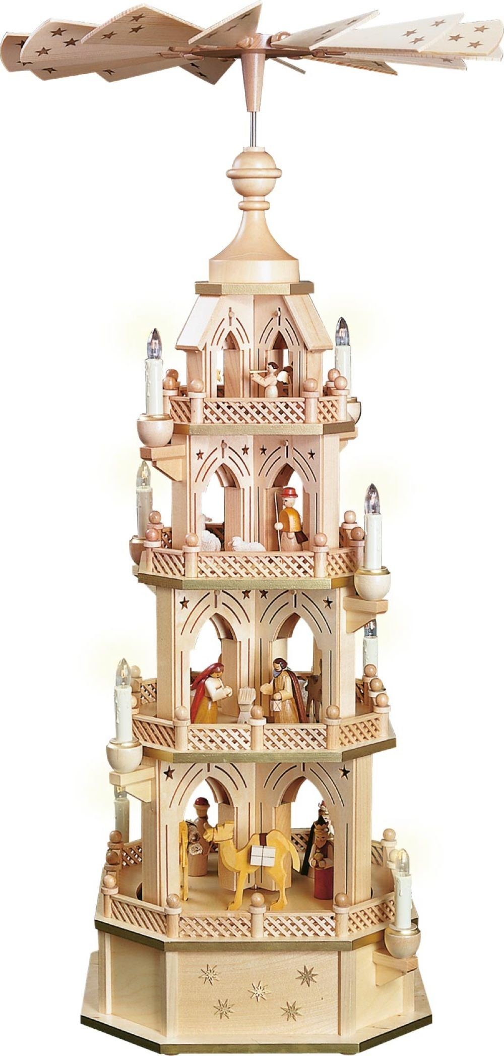 Richard Glaesser Weihnachtspyramide Pyramide Gotik 4-stöckig, elektrisch mit Heiliger Familie, Höhe 90 cm, Handwerkskunst original Erzgebirge