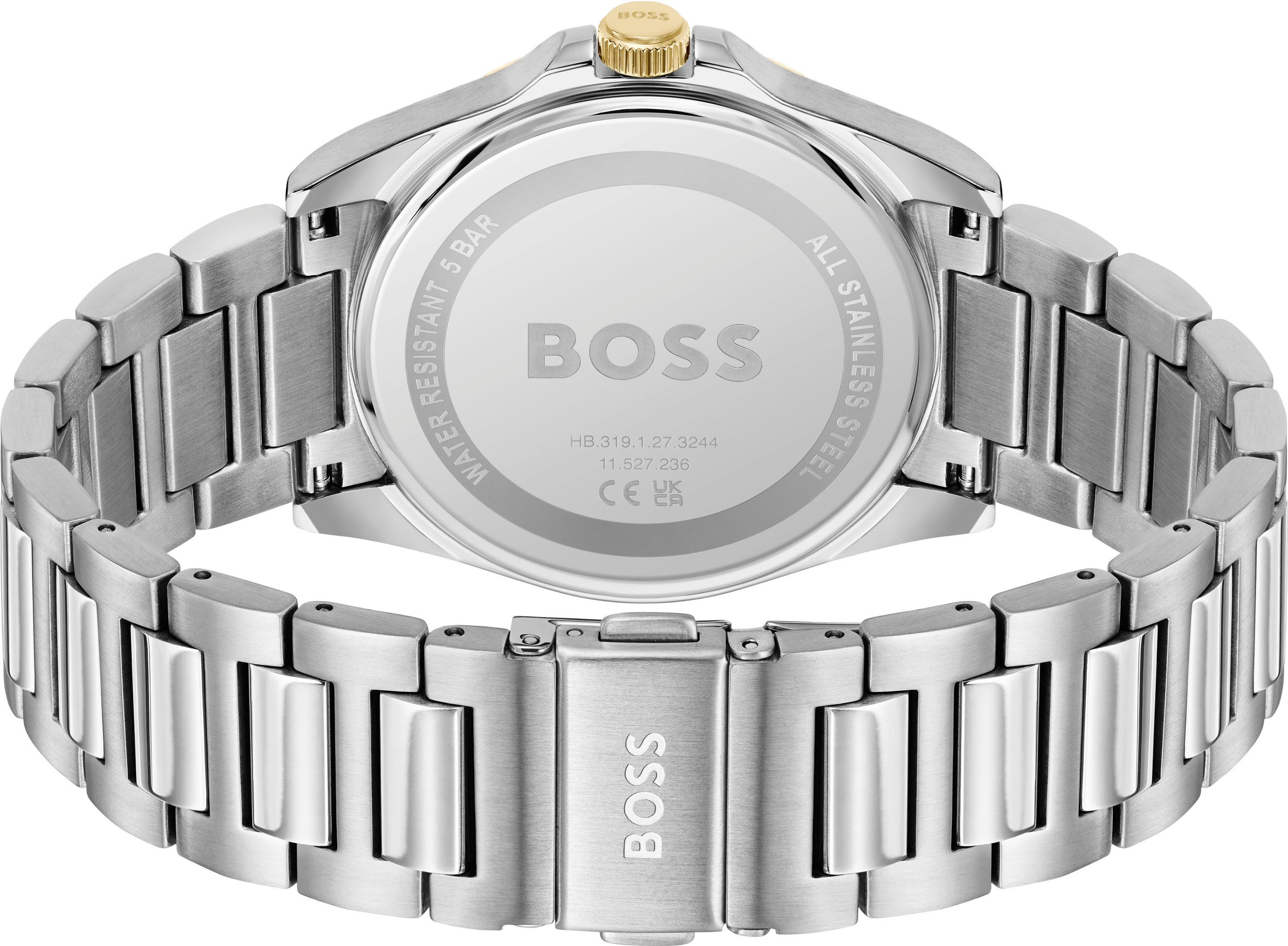 BOSS Quarzuhr STRIKE 1514173, Armbanduhr, Damenuhr, Herrenuhr, Edelstahlarmband, analog, Tag