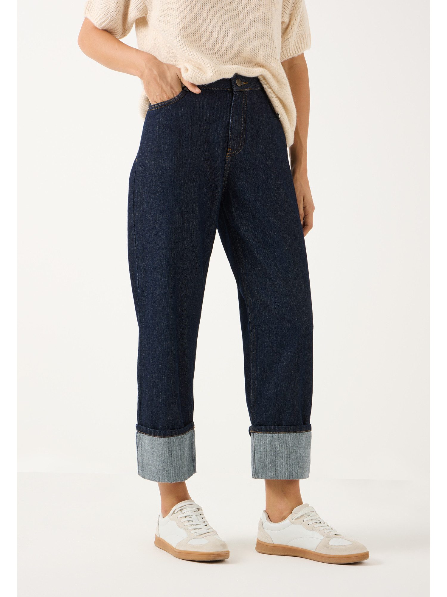MORE&MORE Regular-fit-Jeans verkürzte Jeans, breiter Aufschlag