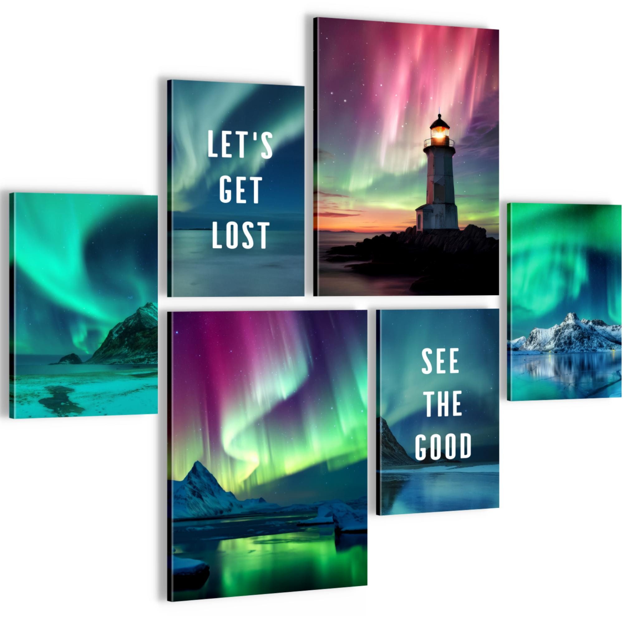 Novart Wandbild Polarlicht Nachthimmel Grün Blau AUFHÄNGFERTIG Modern Deko Flur N0348, 102L x 84B cm