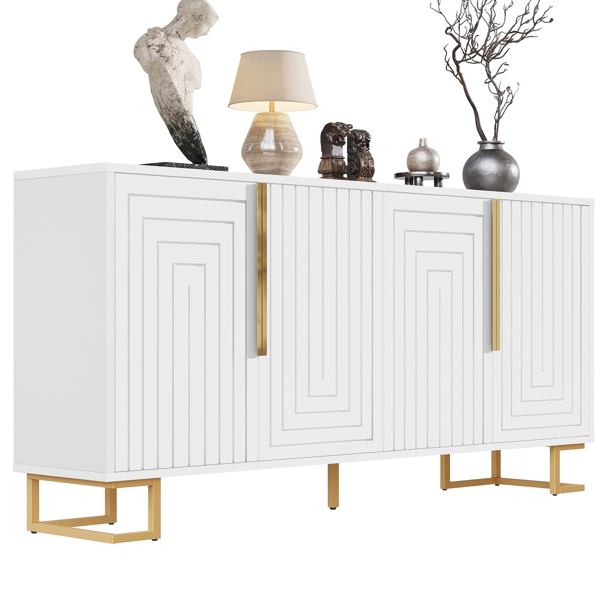 i@home Sideboard Kommode, mit goldene Griffe und Füße, 4 Fächer, Holz, 152 x 40 x 75 cm (1 St), Mit goldene Griffe und Füße, weiß/schwarz