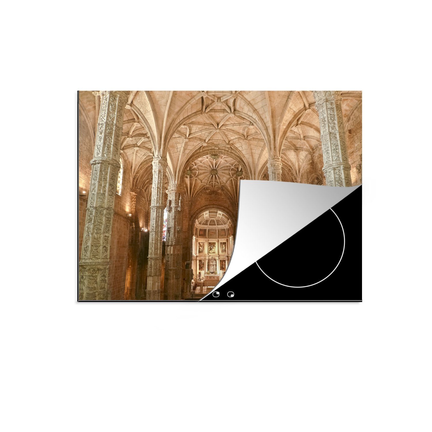 MuchoWow Herdblende-/Abdeckplatte Die wunderschöne Decke und die Säulen im Mosteiro dos Jerónimos, Vinyl, (1 tlg), 70x52 cm, Mobile Arbeitsfläche nutzbar, Ceranfeldabdeckung