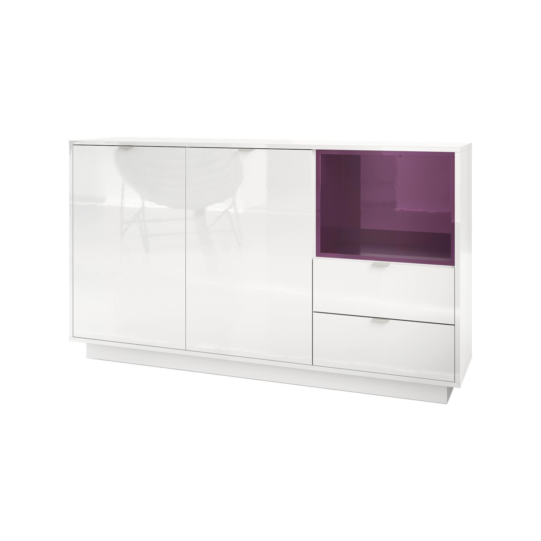Vladon Sideboard Metro (Kommode, mit 2 Türen, 2 Schubladen und 1 offenem Fach), Weiß Hochglanz/Brombeer Hochglanz (153 x 88 x 38 cm)