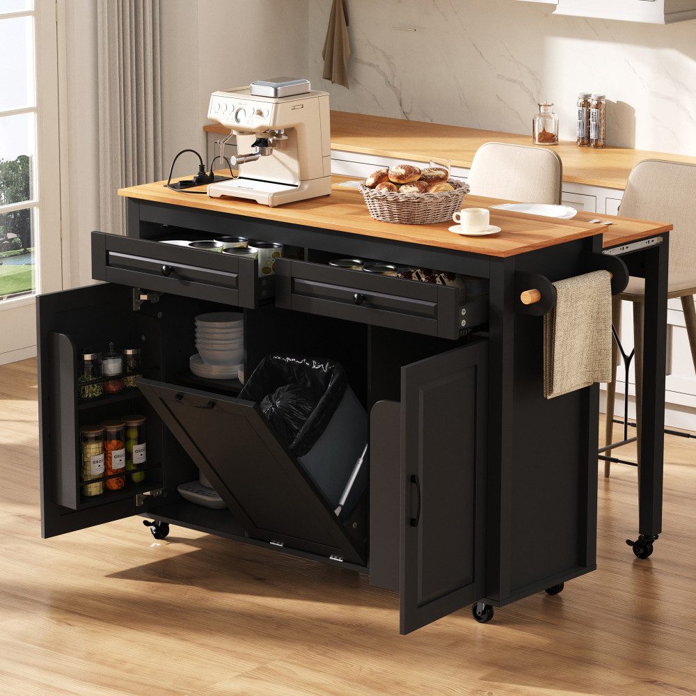 BBWL Kücheninsel Kücheninsel auf Rollen mit ausziehbarer Arbeitsplatte, Abfallbehälterfach und Steckdosenleiste, mobile MDF Kücheninsel