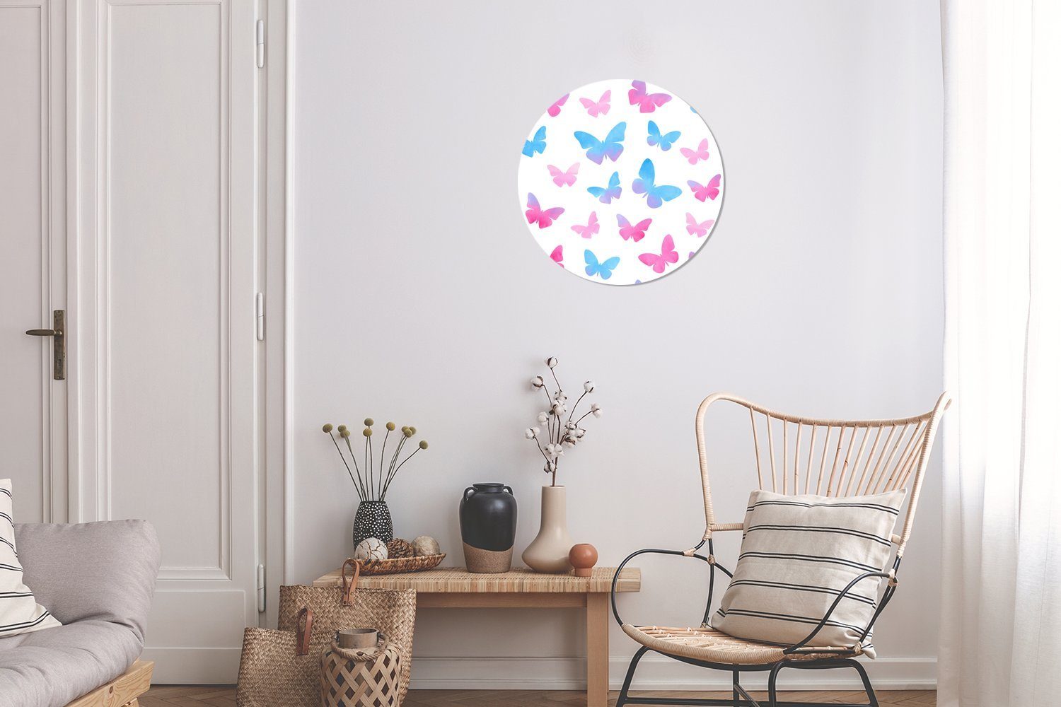 blauen Forex, 30x30 Wanddekoration Kreis St), (1 Schmetterlingen, Illustration Wohnzimmer, Wandbild, und Gemälde cm MuchoWow Rundes rosa von Eine