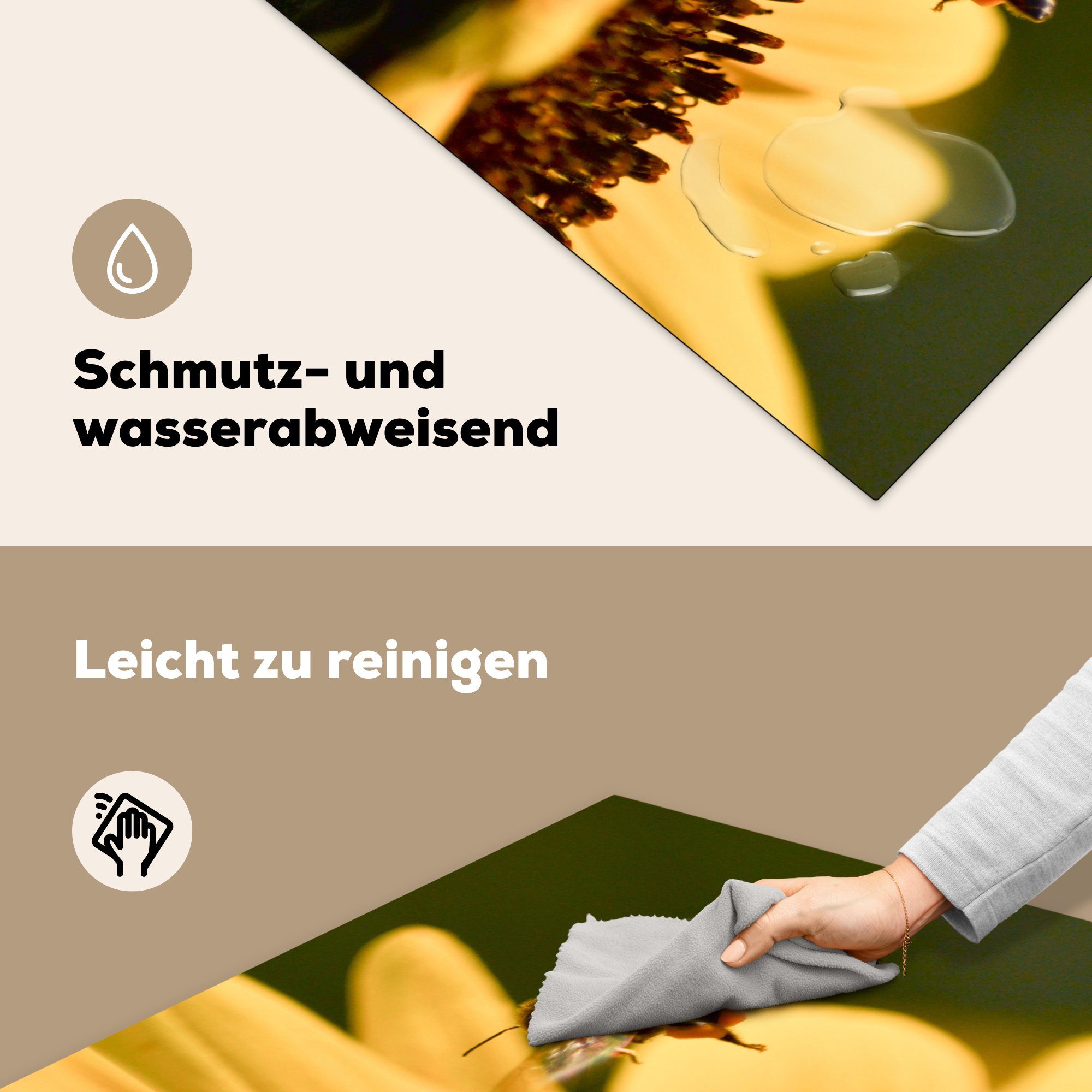 78x78 Arbeitsplatte cm, Herdblende-/Abdeckplatte mit MuchoWow Biene, Ceranfeldabdeckung, Sonnenblume (1 einer küche Vinyl, tlg), fliegenden für Eine