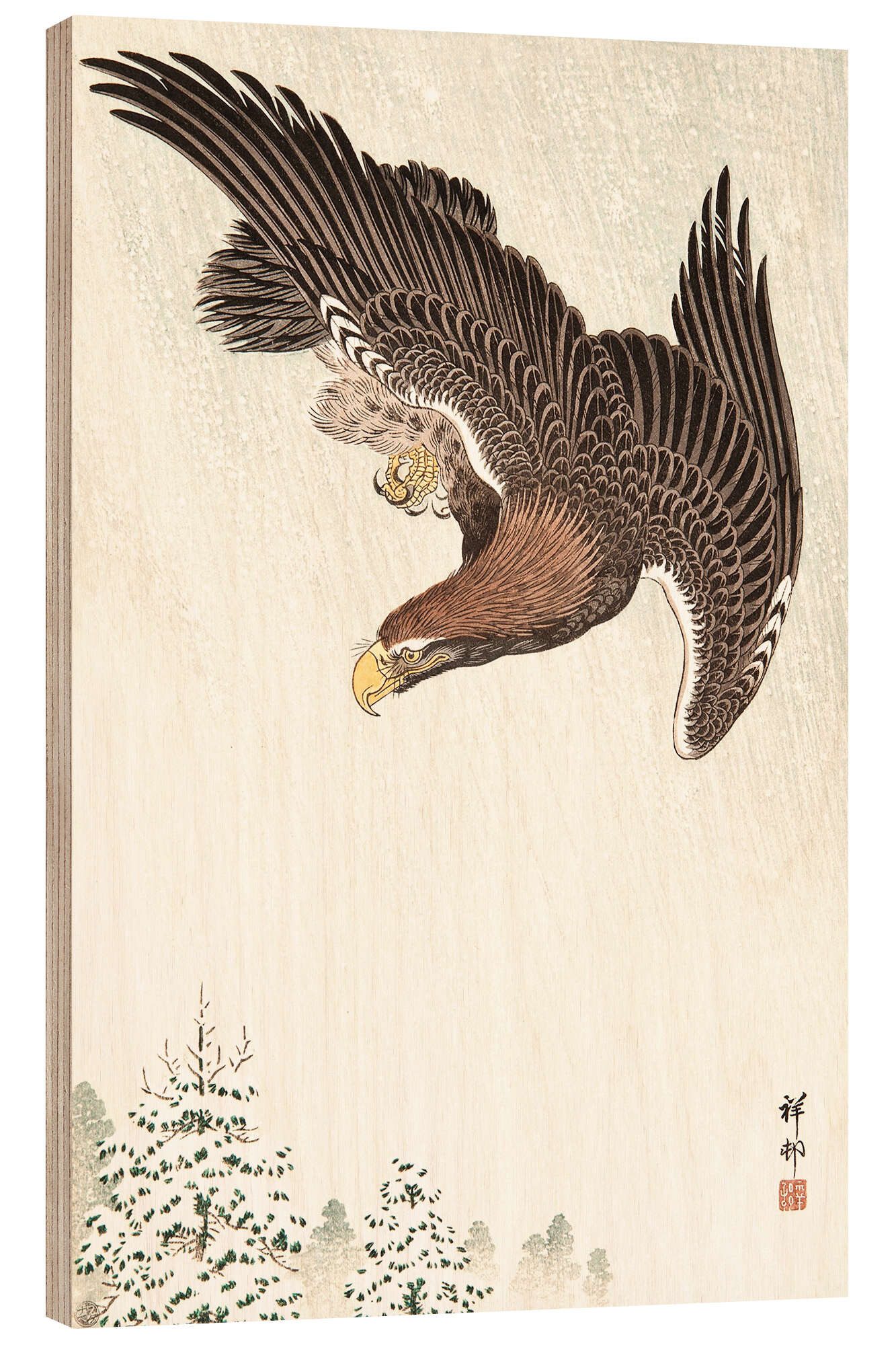 Posterlounge Holzbild Ohara Koson, Fliegender Adler, Malerei