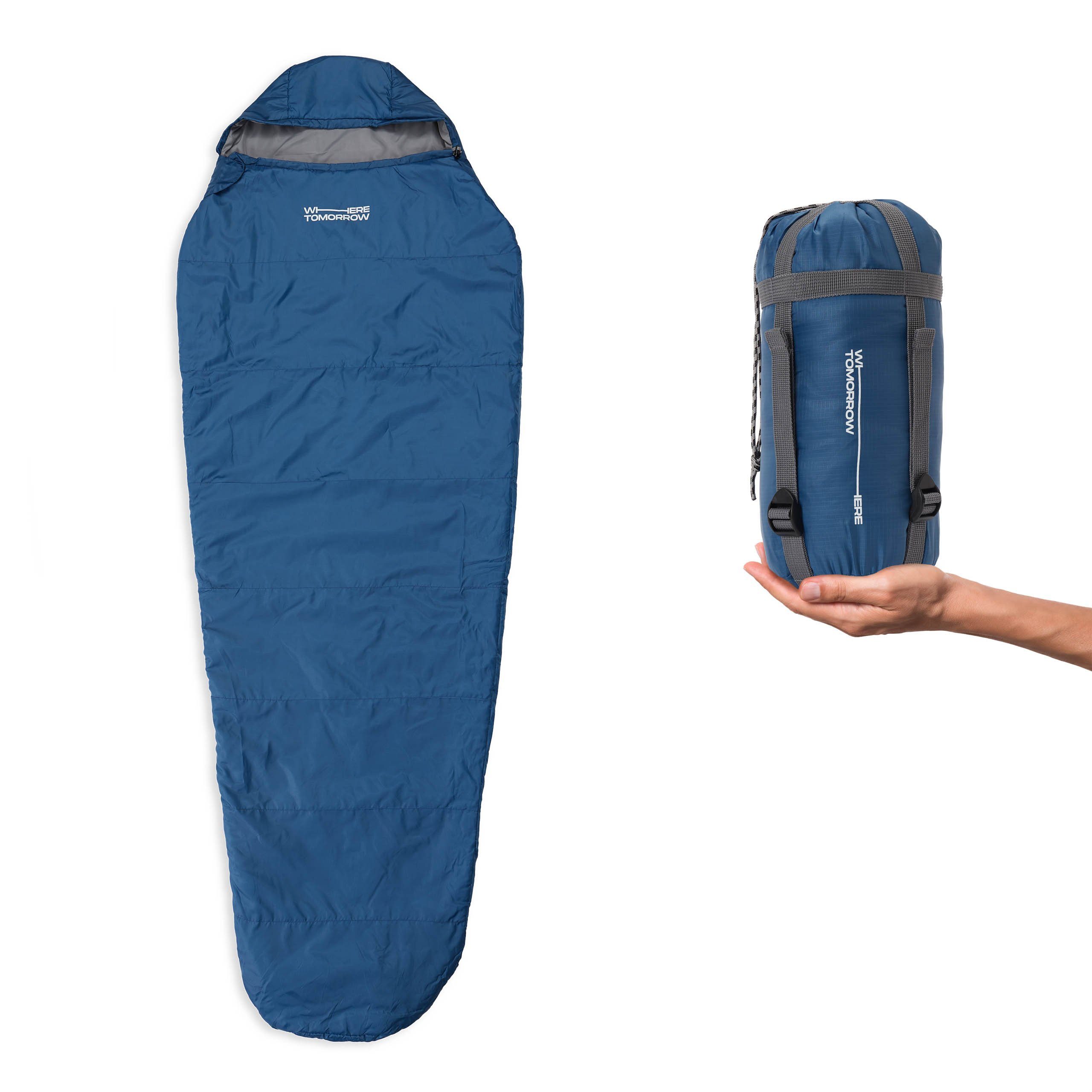 Lumaland Mumienschlafsack Camping 220x80x50, Schulterbereich royalblau wasserabweisend -5°C Where Outdoor Camping Wärmekragen im Schlafsack Tomorrow