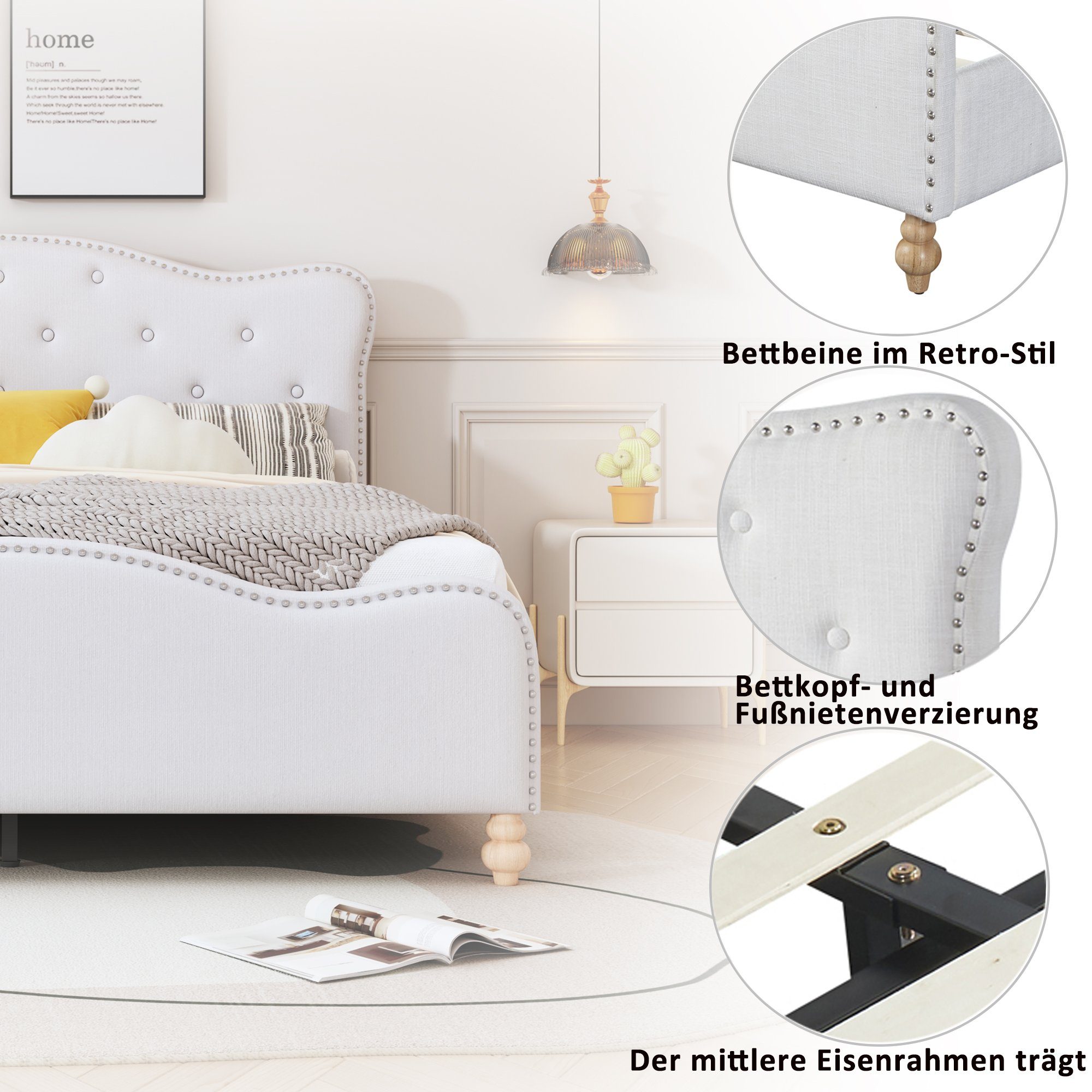 Polsterbett (Kinderbett), Doppelbett mit Polsterkopfteil und Lattenrost, 140x200cm, Leinen