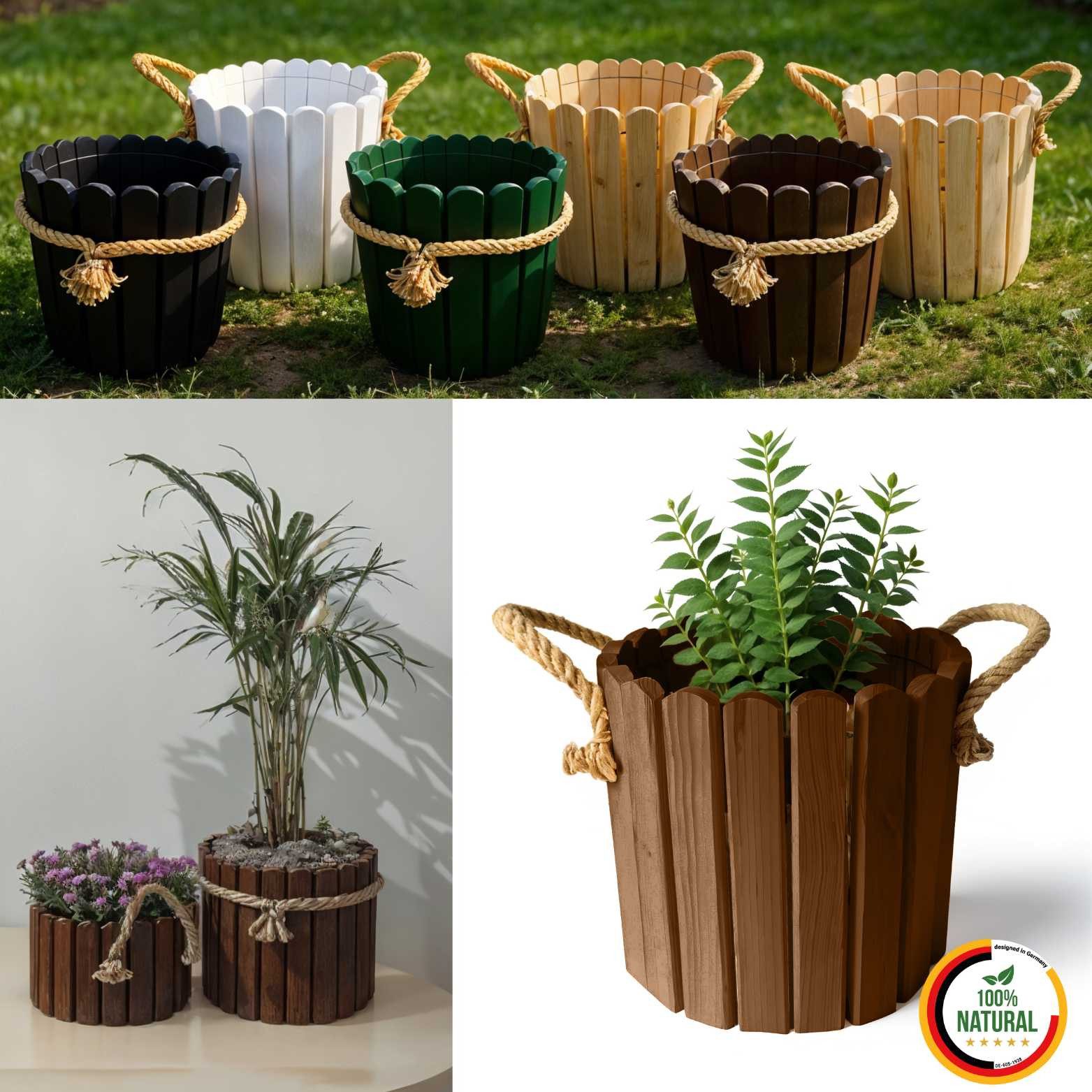 Floranica Übertopf Runder Blumentopf aus Holz Pflanzentopf Pflanzkübel (mit Juteschnur als Griffimitat, 1 St., Braun), Dekoration für Haus und Garten, für Innen- und Außenbereich