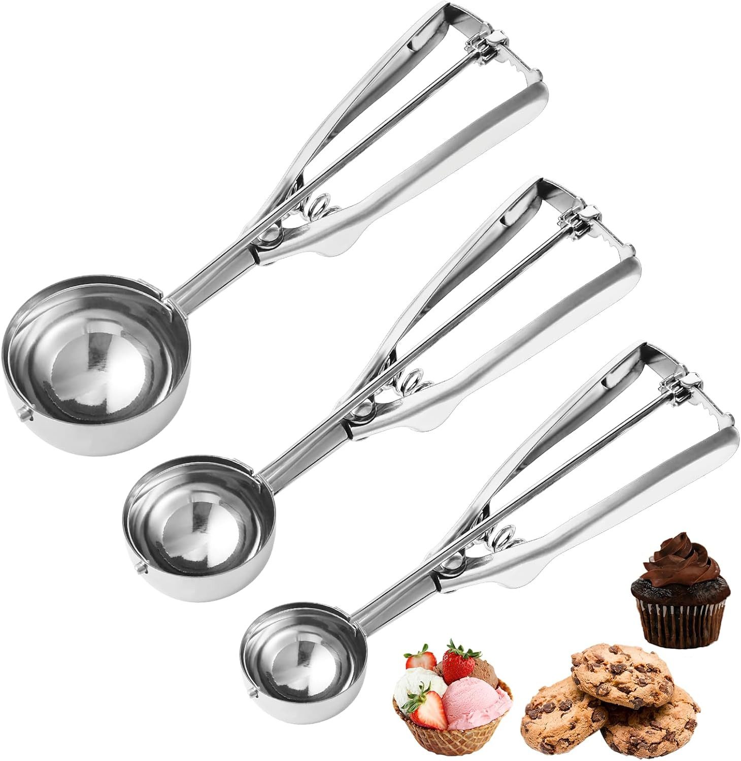 FOUORTUNATE-BEE Eisportionierer 3 Stück Eisportionierer Edelstahl (1 EL, 2 EL, 3 EL), für Cupcakes, Eiscreme, Muffins, Fleischbällchen, Melonenkugeln