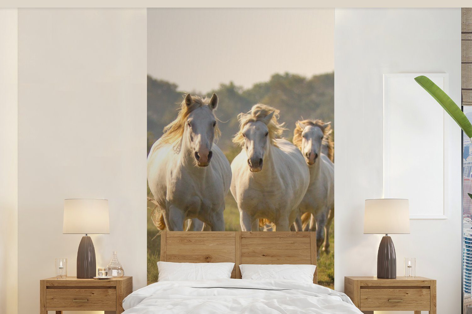 MuchoWow Fototapete Galoppierende weiße Pferde, Matt, bedruckt, (2 St), Vliestapete für Wohnzimmer Schlafzimmer Küche, Fototapete