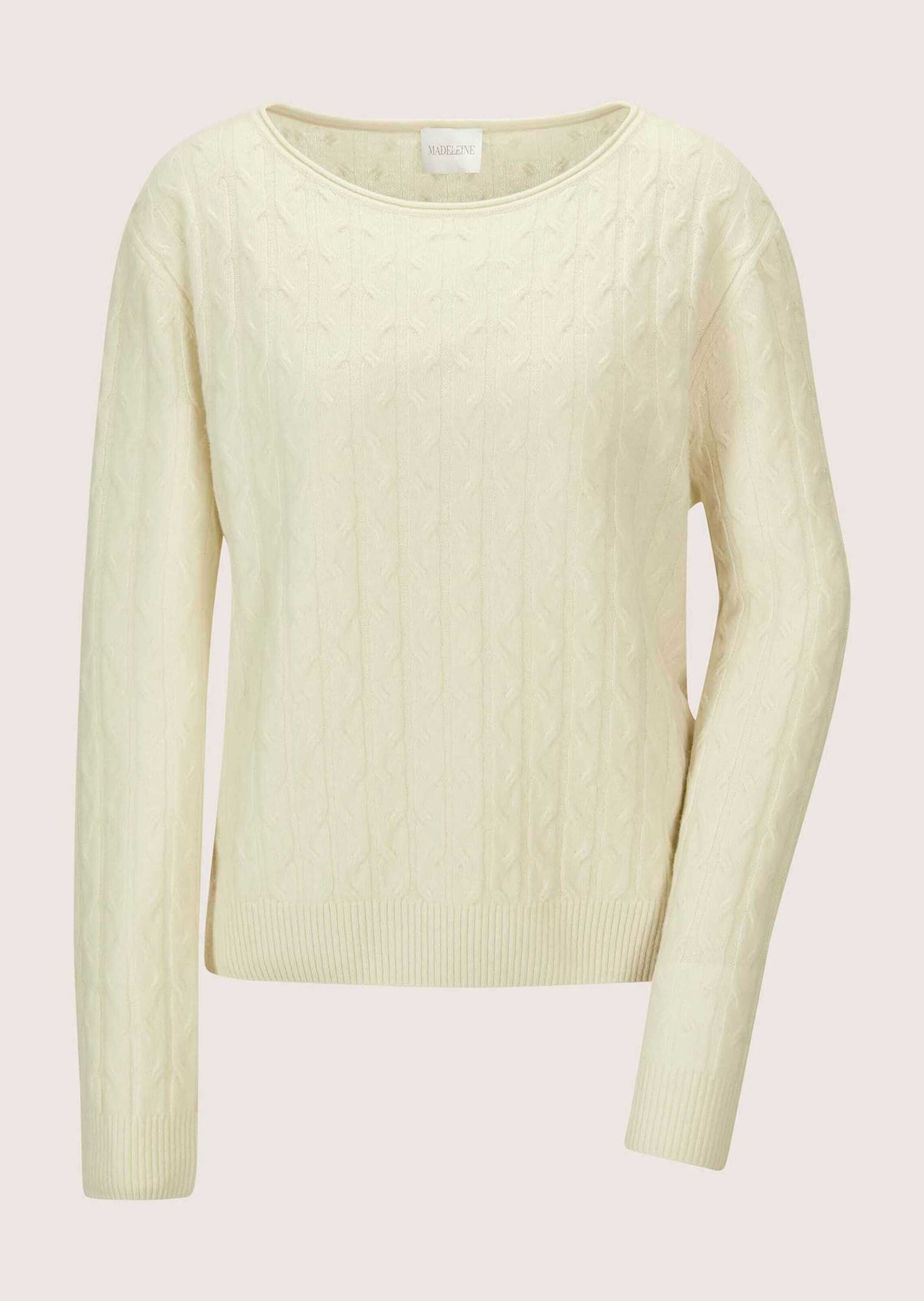 MADELEINE Strickpullover Eleganter Wollpullover mit Zopfmuster Rippstrickpullover mit Rundhals und langen Ärmeln
