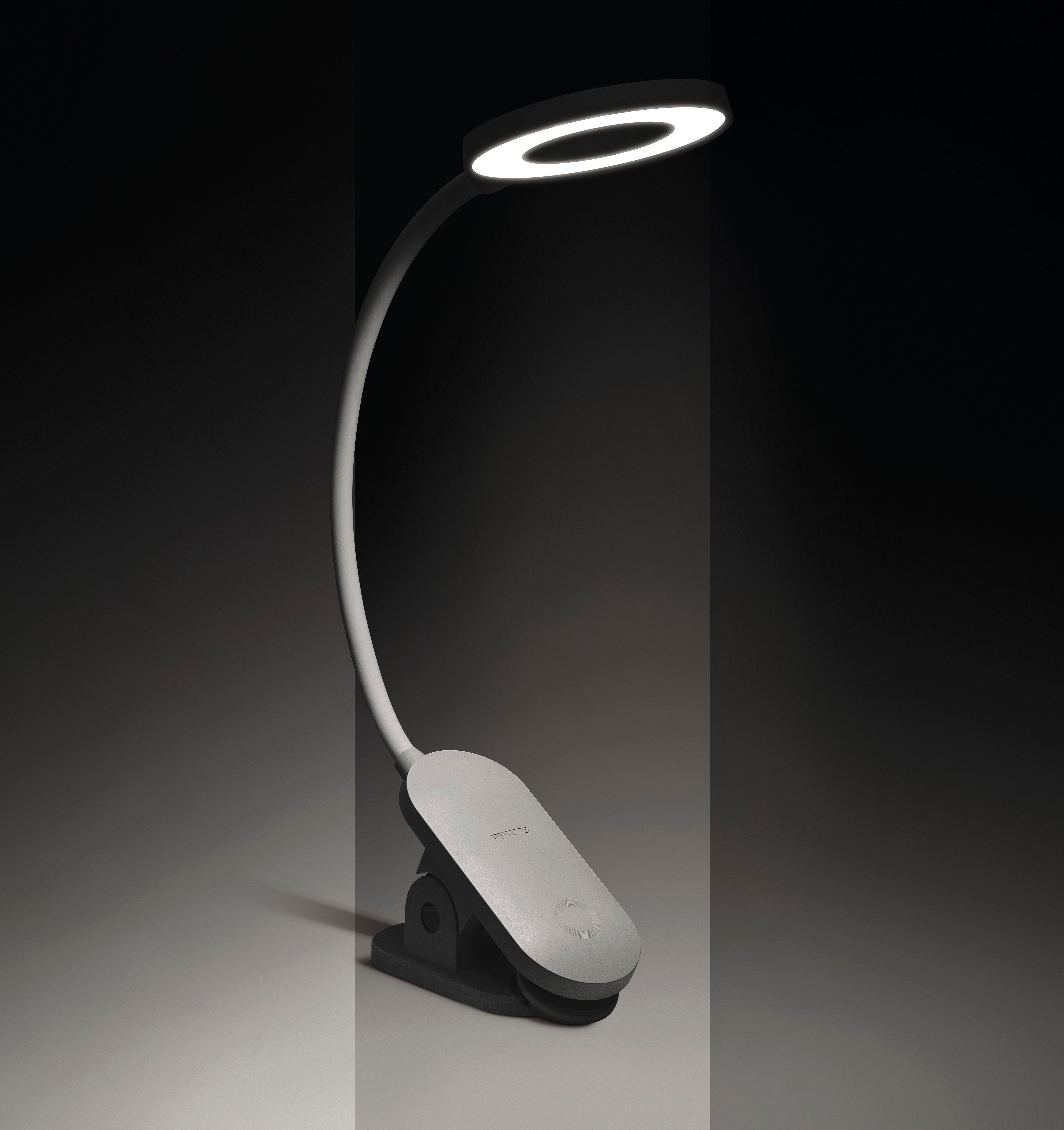 Philips LED Schreibtischlampe Forys 5W, 4000K, 200 Lumen, mit Clip, Akku, Touchdim, weiss, Dimmfunktion, USB-Ladefunktion, mehrere Helligkeitsstufen, LED fest integriert, Neutralweiß