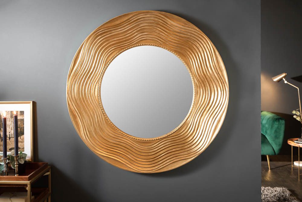 riess-ambiente Wandspiegel CIRCLE 100cm gold - Paulownia-Holz, verzierter Rahmen, lackiert, rund, Dekospiegel aus Massivholz - ideal für Wohn- & Schlafzimmer oder Flur