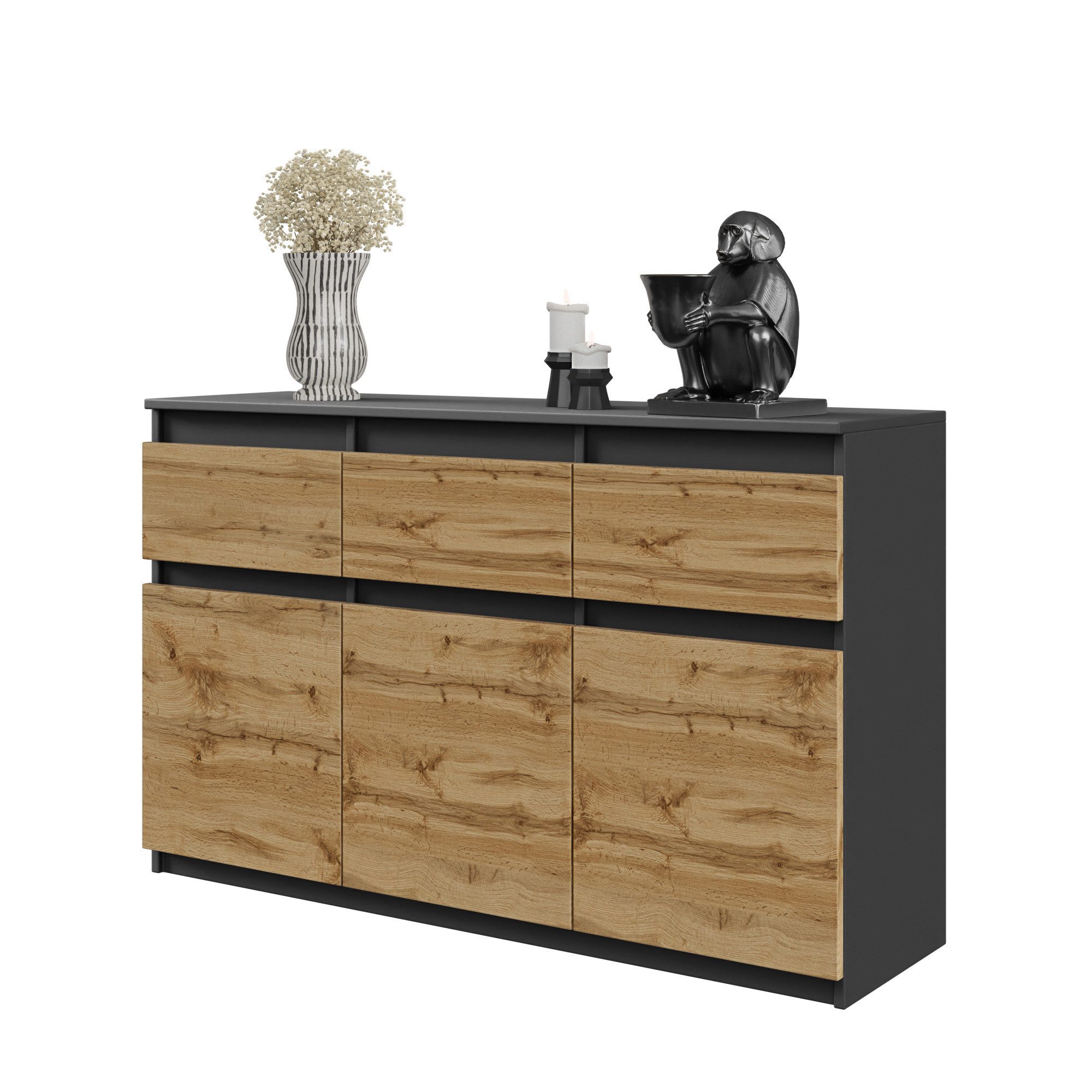 Furnica Kommode Anthrazit 120 cm mit 3 Schubladen und 3 Türen- Wohn-und Schalfzimmer