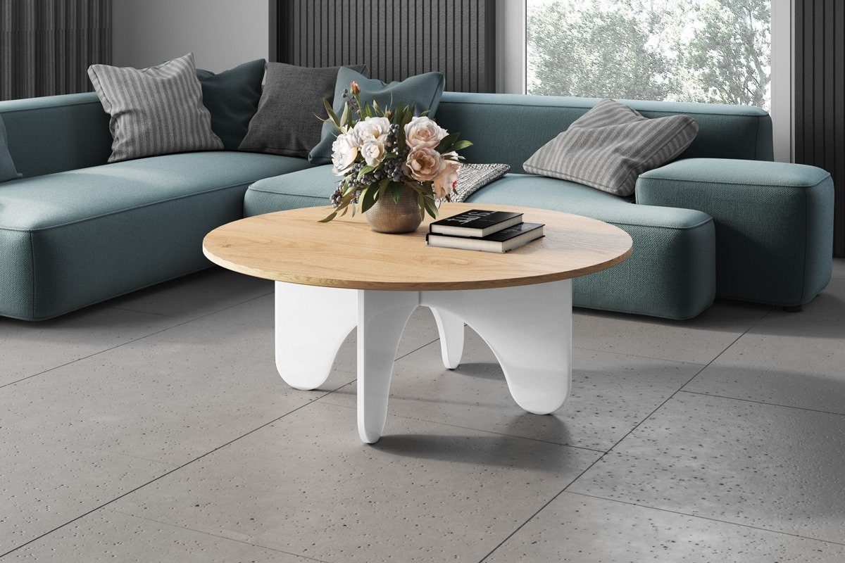 designimpex Couchtisch Design HRL-111 Hochglanz Wohnzimmertisch Rund Tisch 100 cm x 40 cm Eiche Natur - Weiß Hochglanz